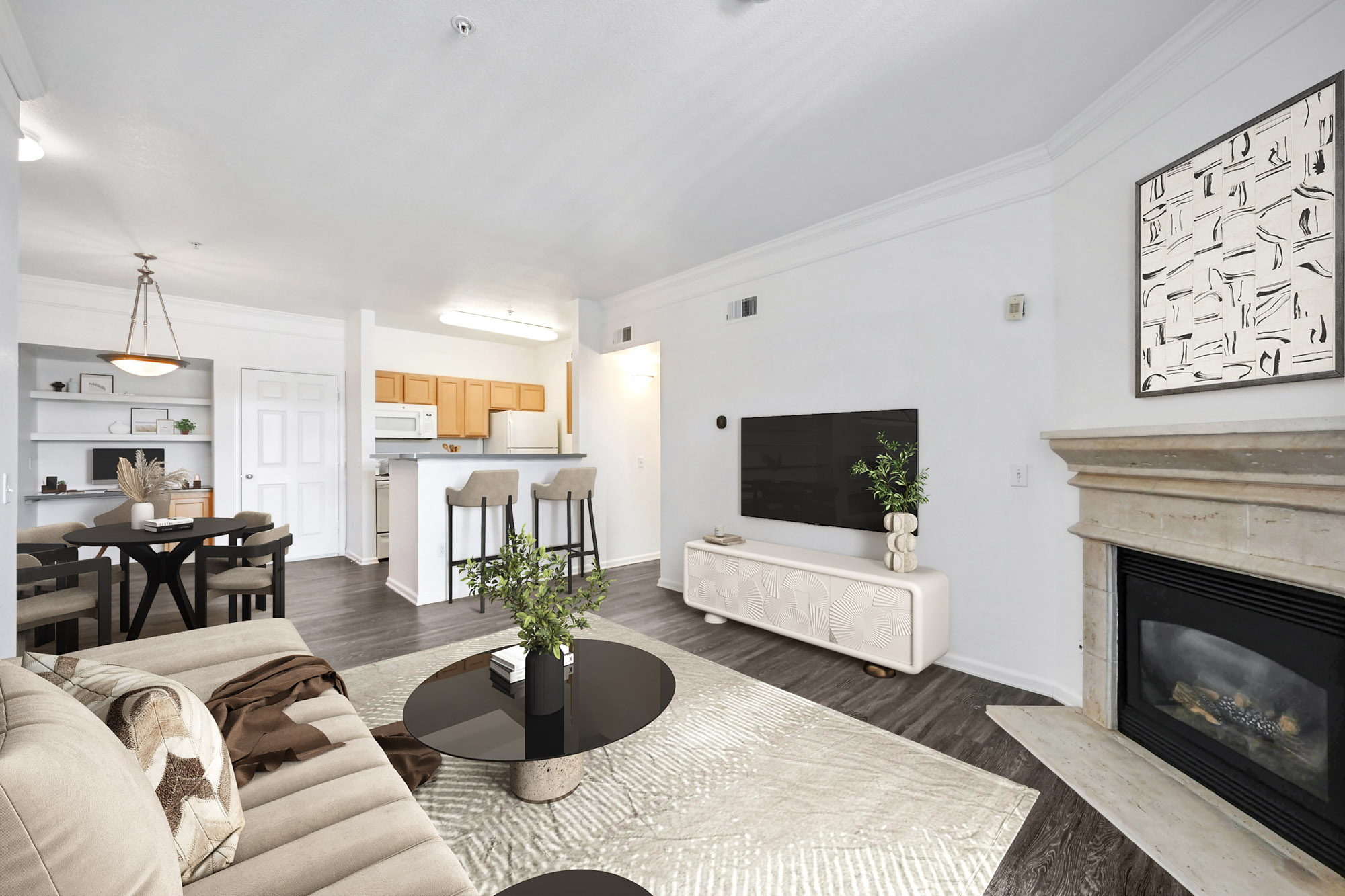 The living area in an apartment at The Village at Legacy Ridge near Denver, Colorado.