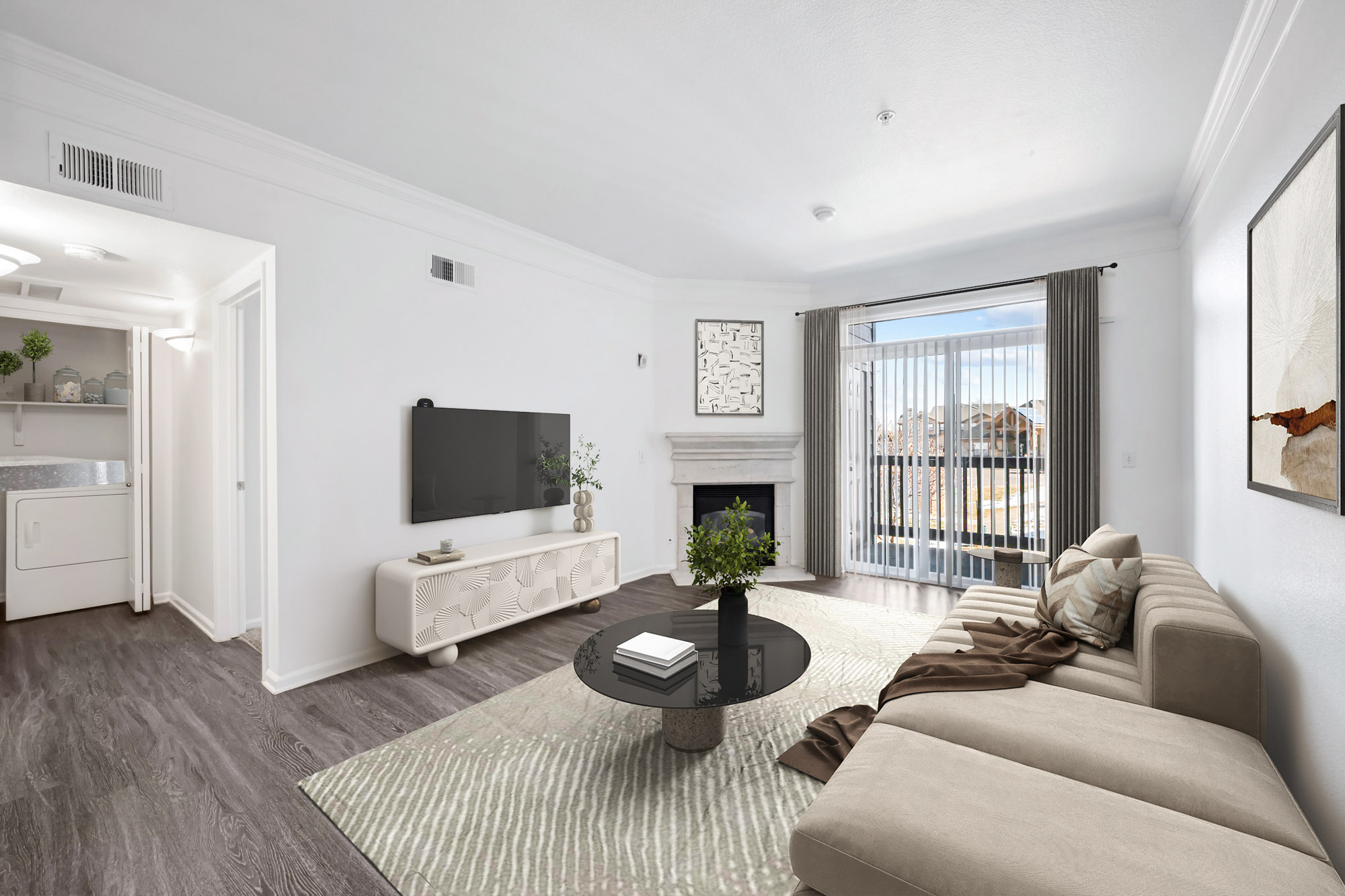 The living area in an apartment at The Village at Legacy Ridge near Denver, Colorado.