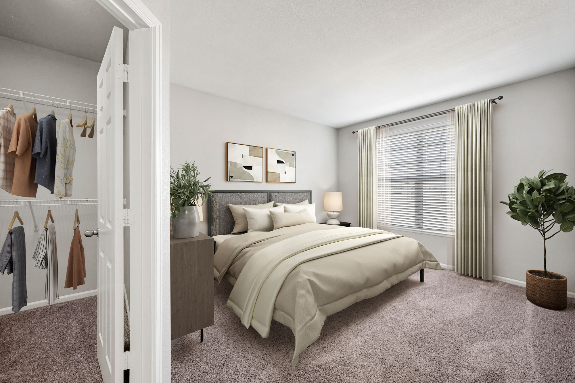 A bedroom in an apartment at The Village at Legacy Ridge near Denver, Colorado.