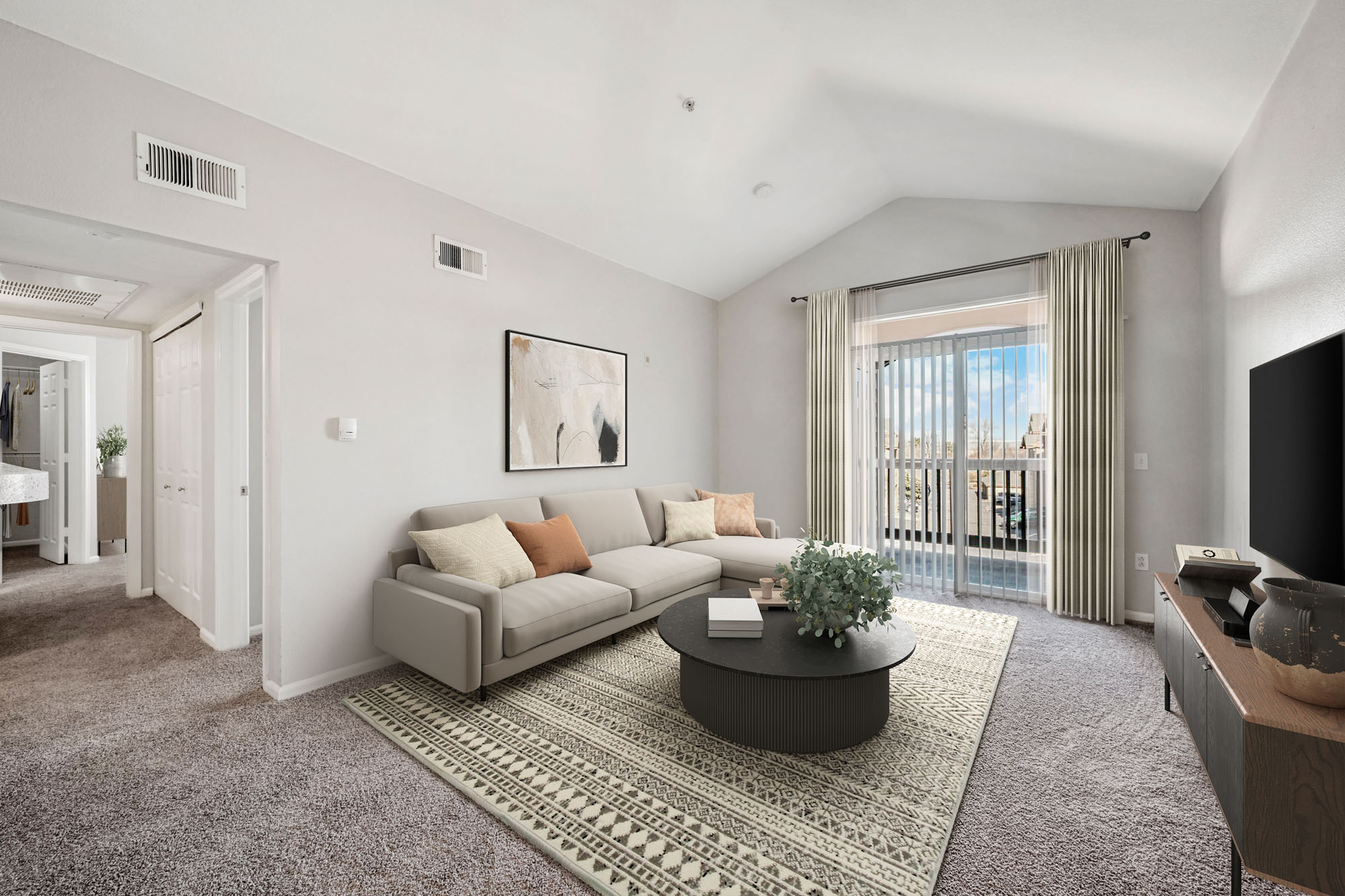 The living area in an apartment at The Village at Legacy Ridge near Denver, Colorado.