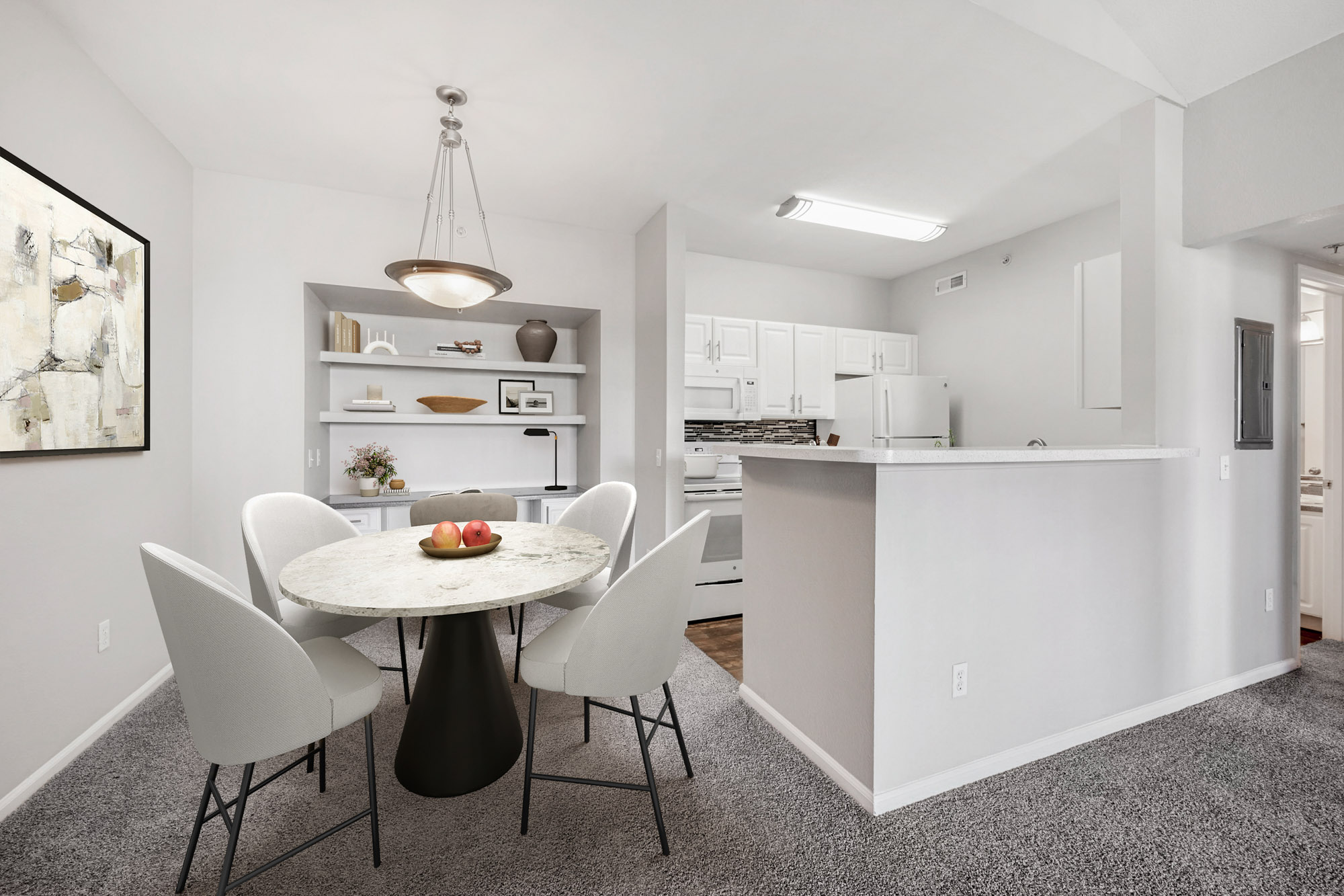 The dining area in an apartment at The Village at Legacy Ridge near Denver, Colorado.