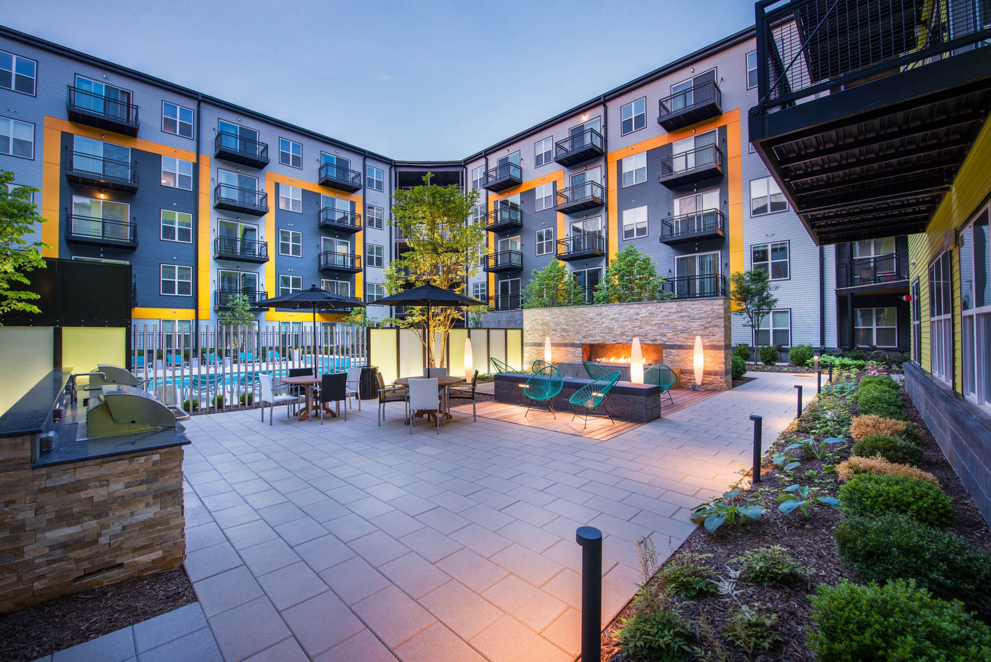 The courtyard at The Parker at Huntington Metro apartments in Alexandria, VA.