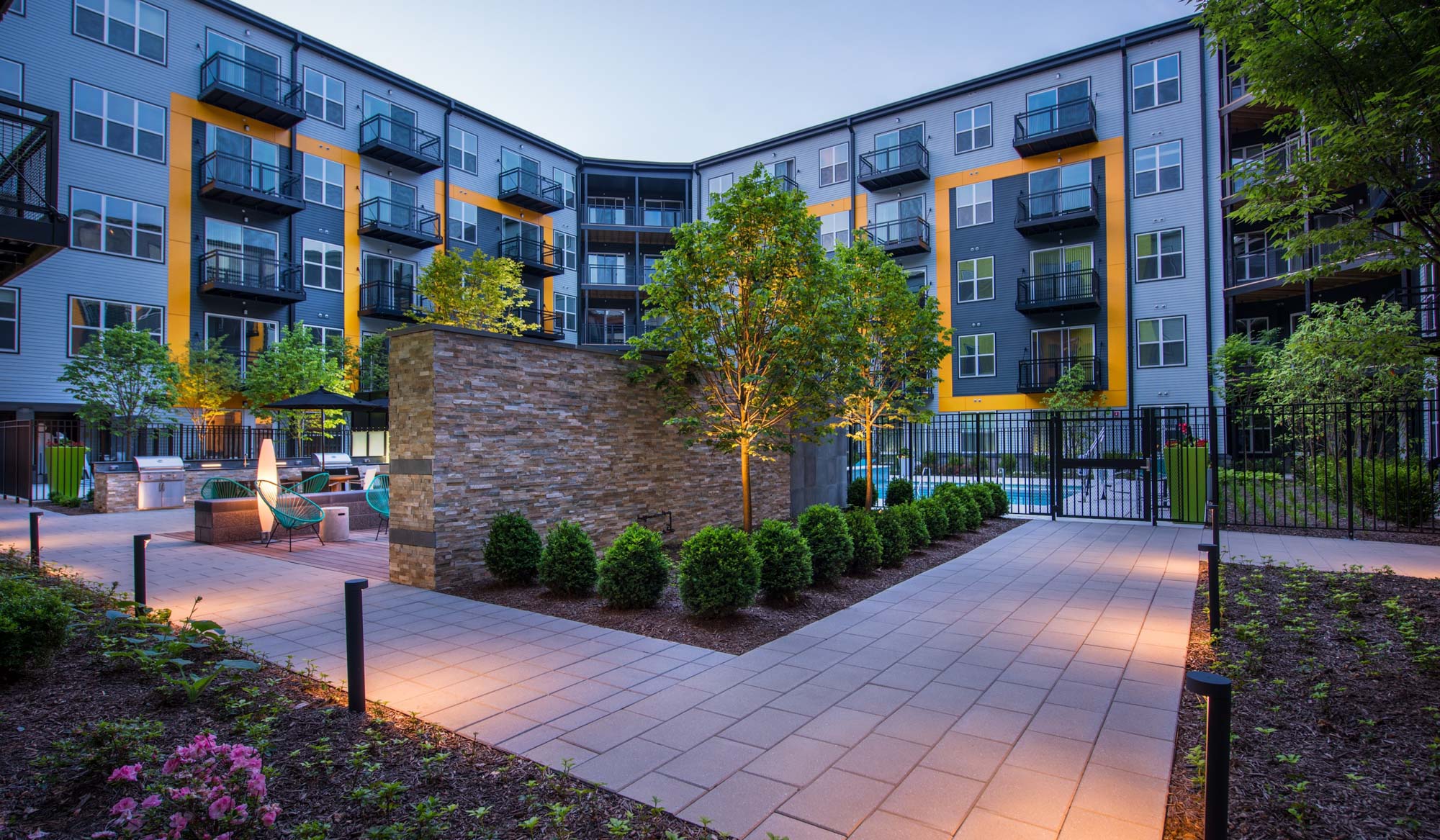 The courtyard at The Parker at Huntington Metro apartments in Alexandria, VA.