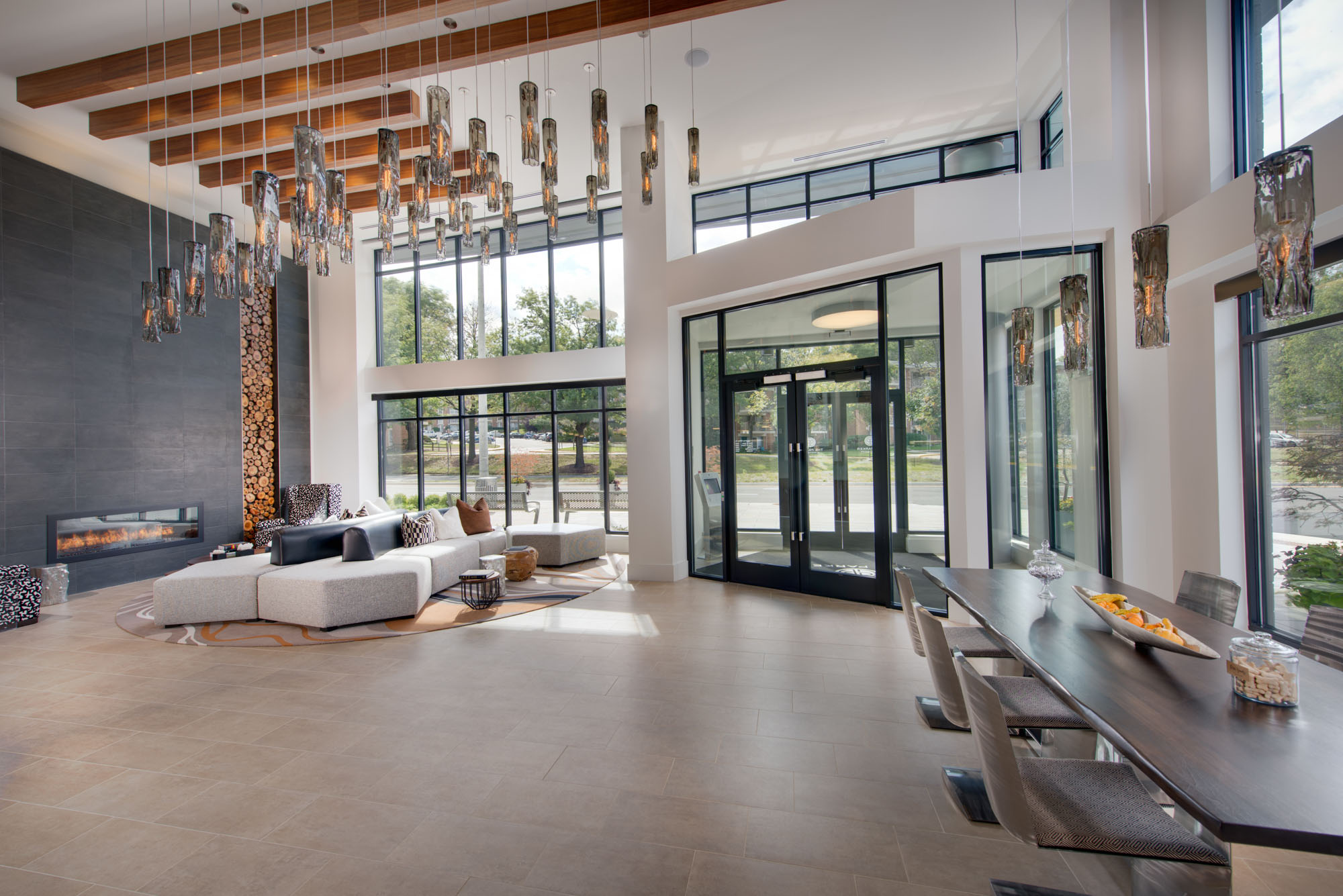 The lobby at The Parker at Huntington Metro apartments in Alexandria, VA.