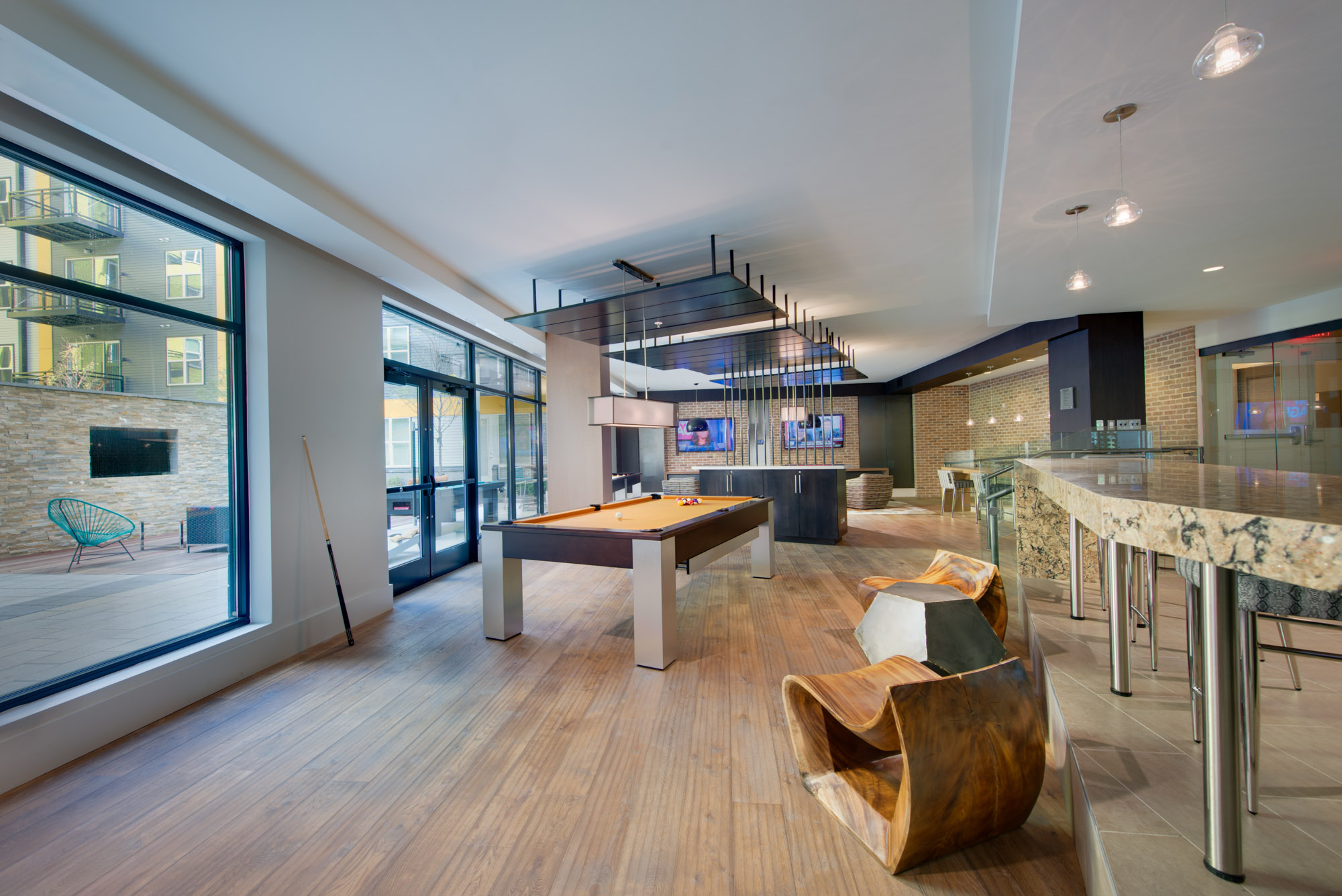 The game room at The Parker at Huntington Metro apartments in Alexandria, VA.