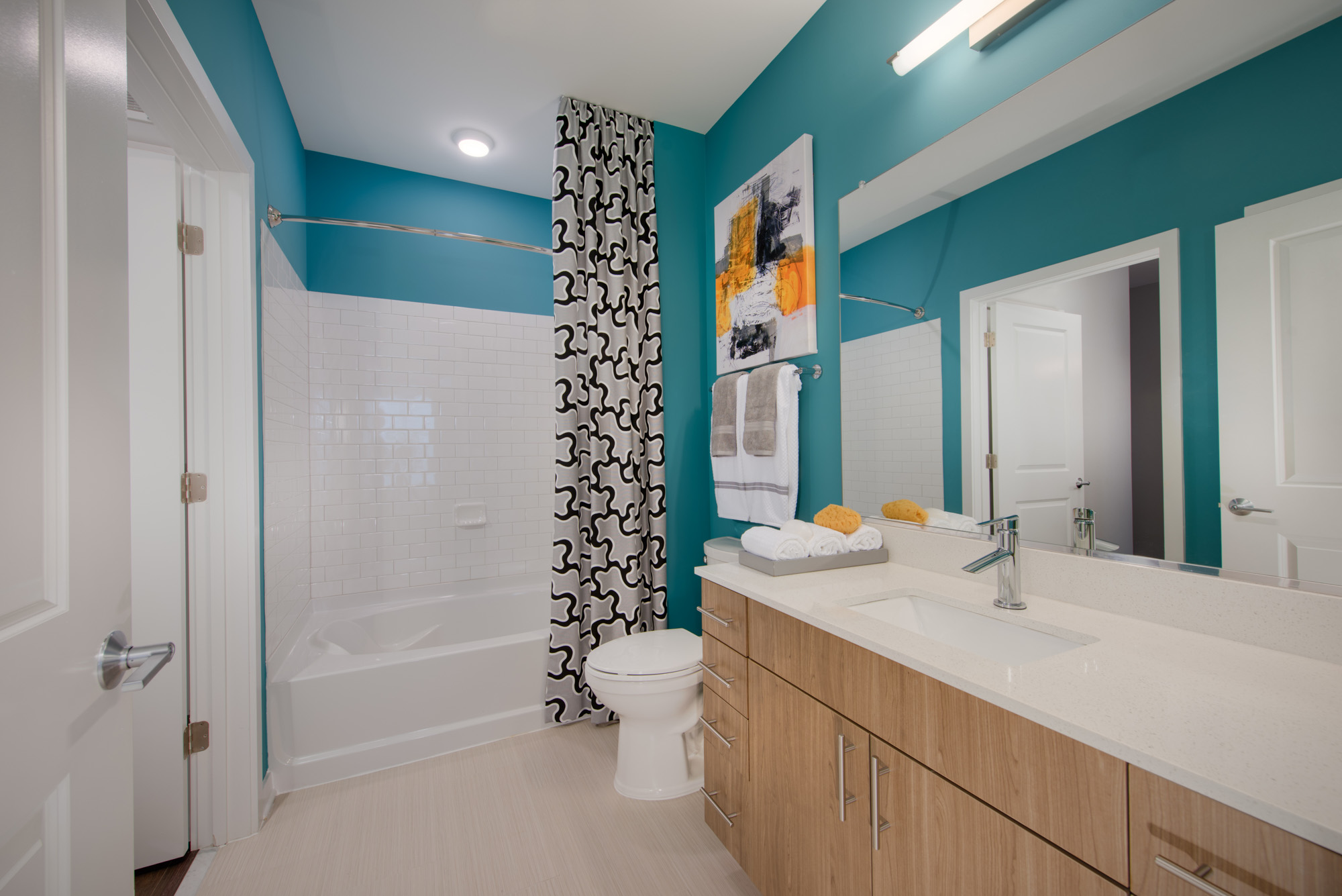 A bathroom in The Parker at Huntington Metro apartment in Alexandria, VA.