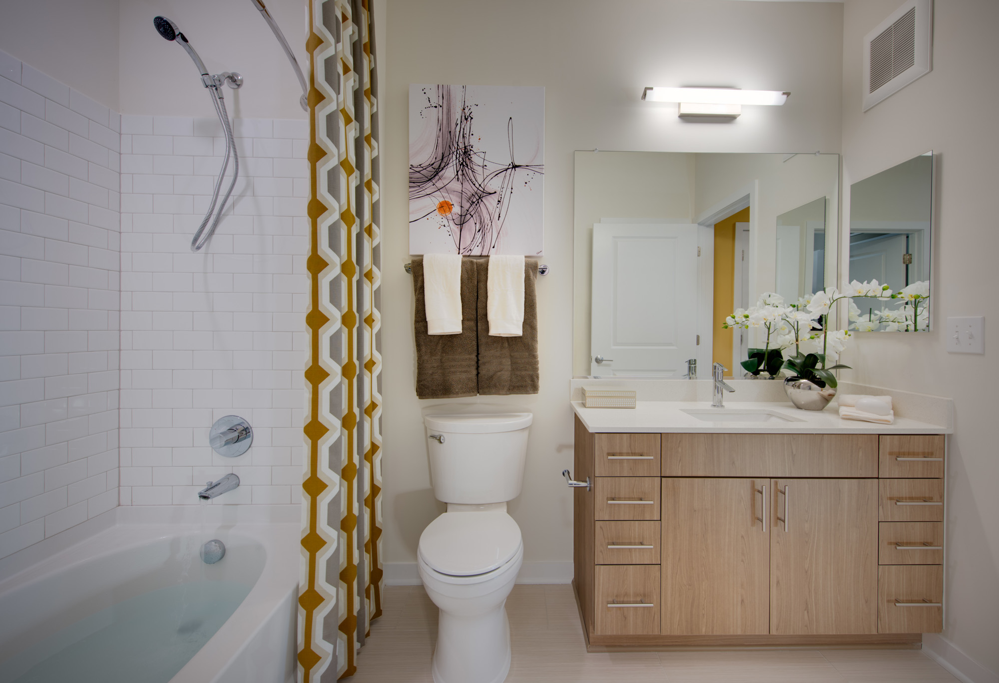 A bathroom in The Parker at Huntington Metro apartment in Alexandria, VA.