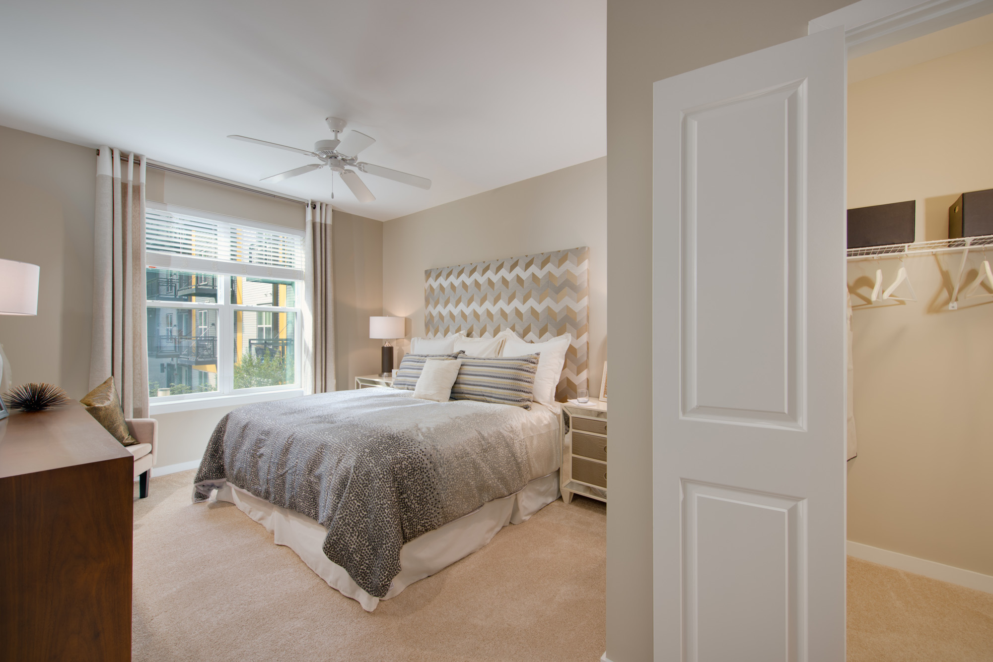 A bedroom in The Parker at Huntington Metro apartment in Alexandria, VA.