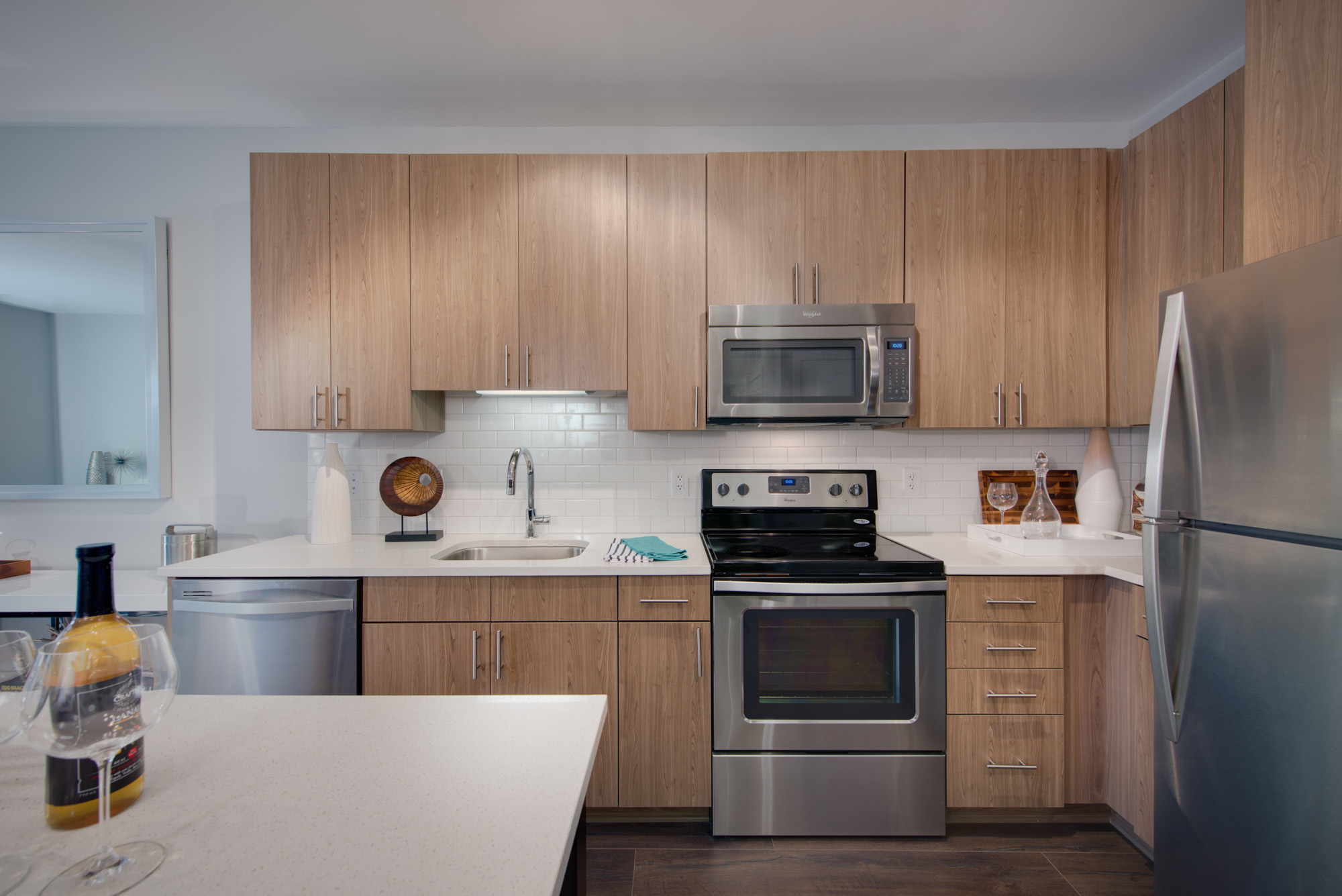 A kitchen in The Parker at Huntington Metro apartment in Alexandria, VA.