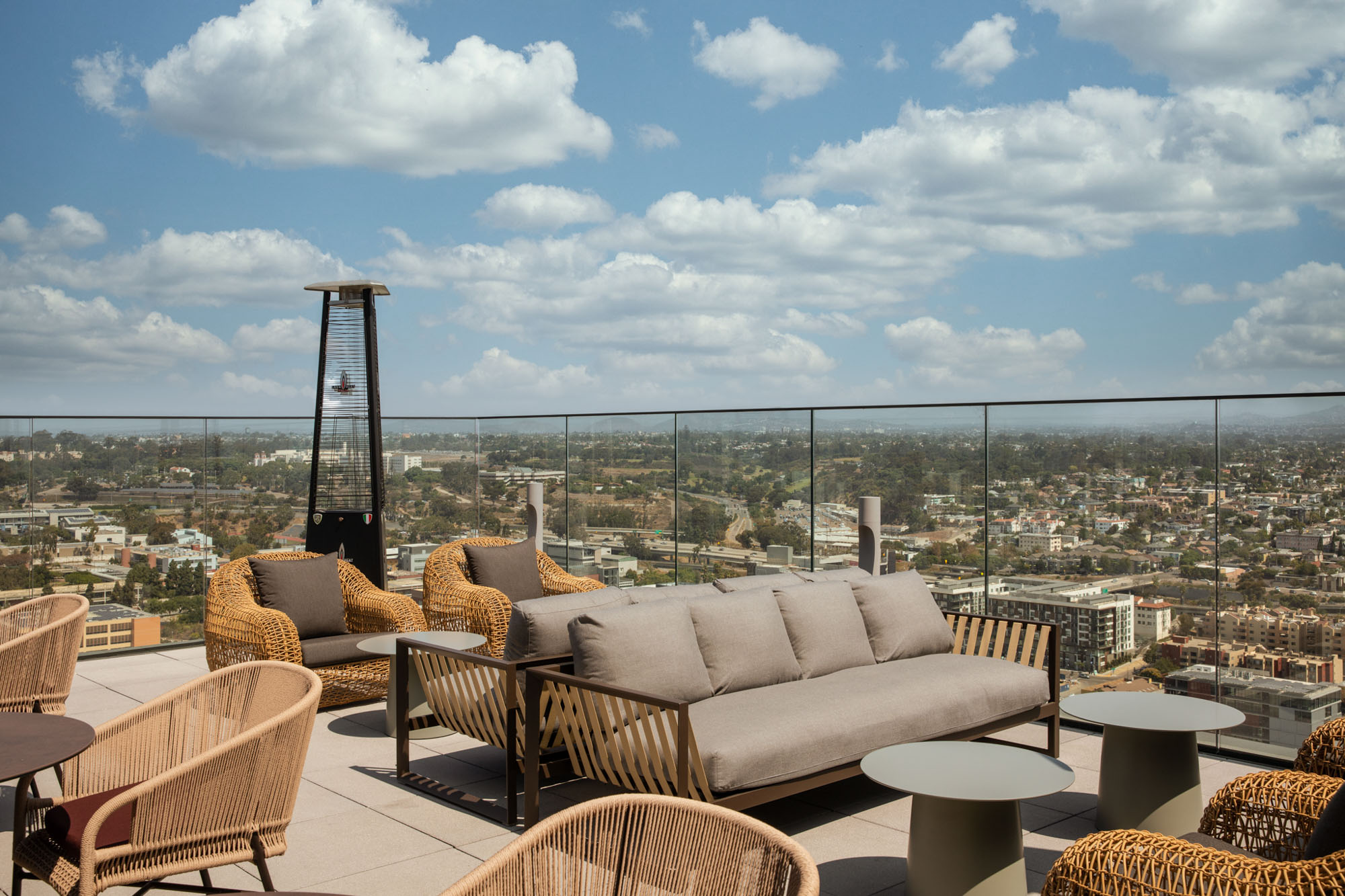 Outdoor terrace space at The Merian apartments in San Diego, California.