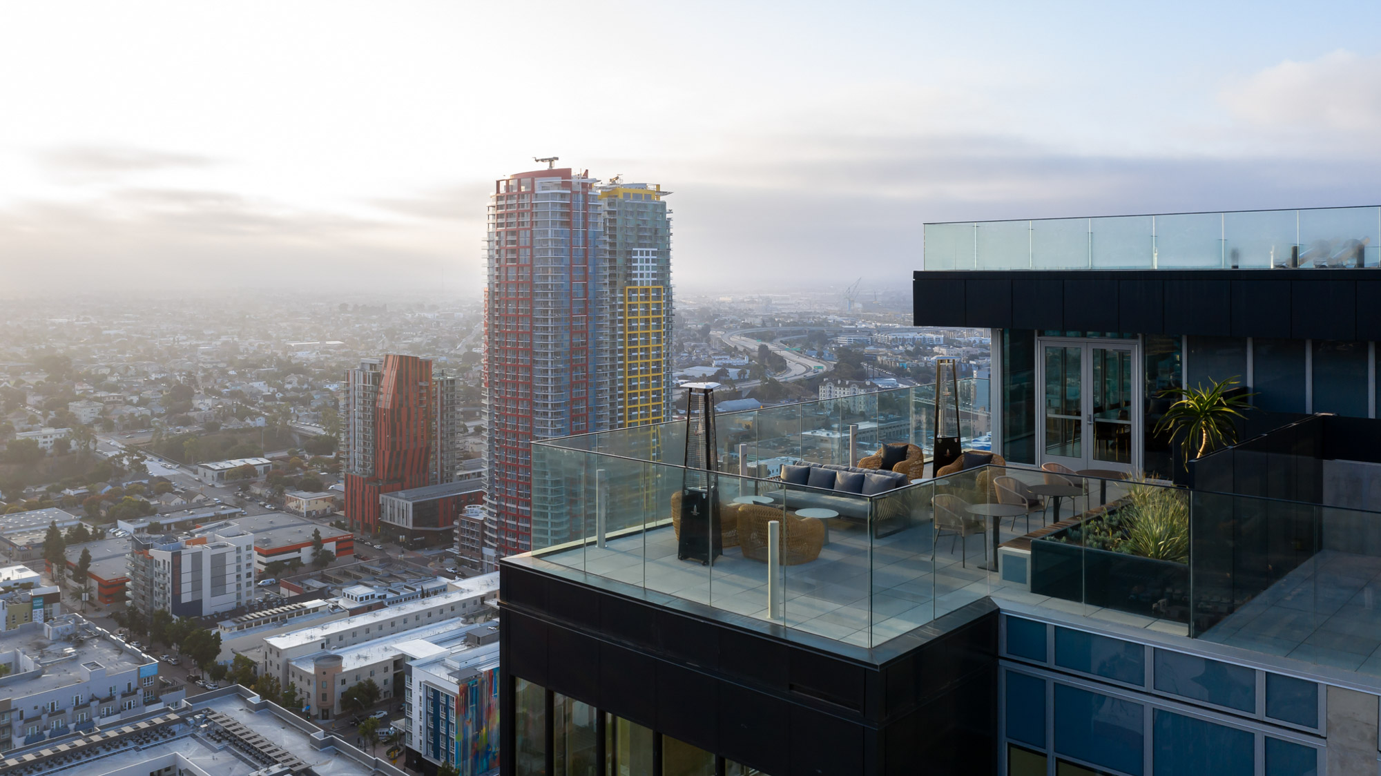 Outdoor terrace space at The Merian apartments in San Diego, California.