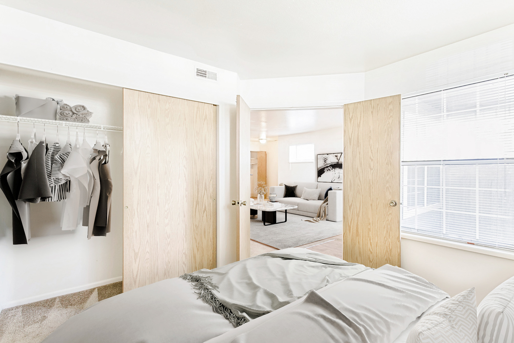 The bedroom in an apartment at Stillwater in Murray, Utah.