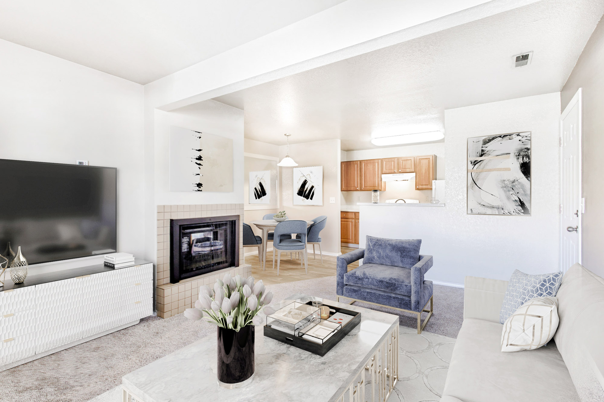 The living area in an apartment at Stillwater in Murray, Utah.