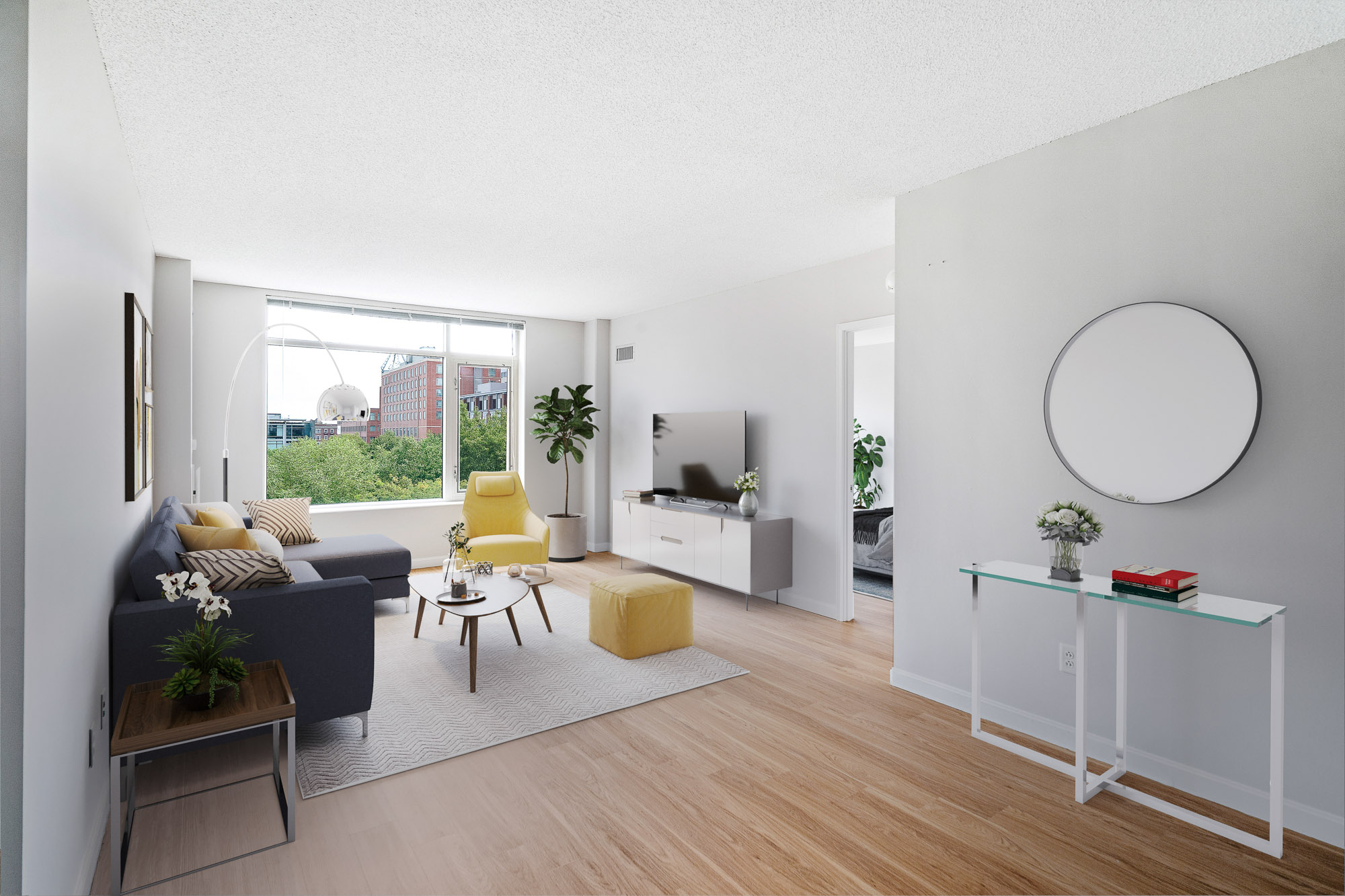 Living Room at 91 Sidney apartments in University Park in Cambridge, MA