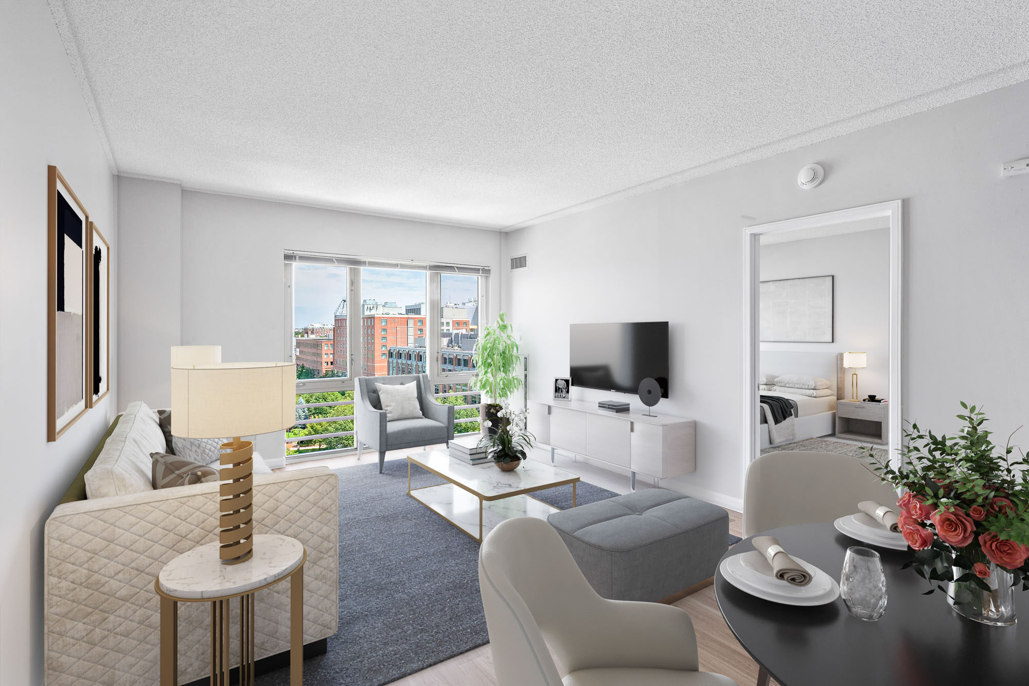 Living room at 91 Sidney apartments in University Park in Cambridge, MA