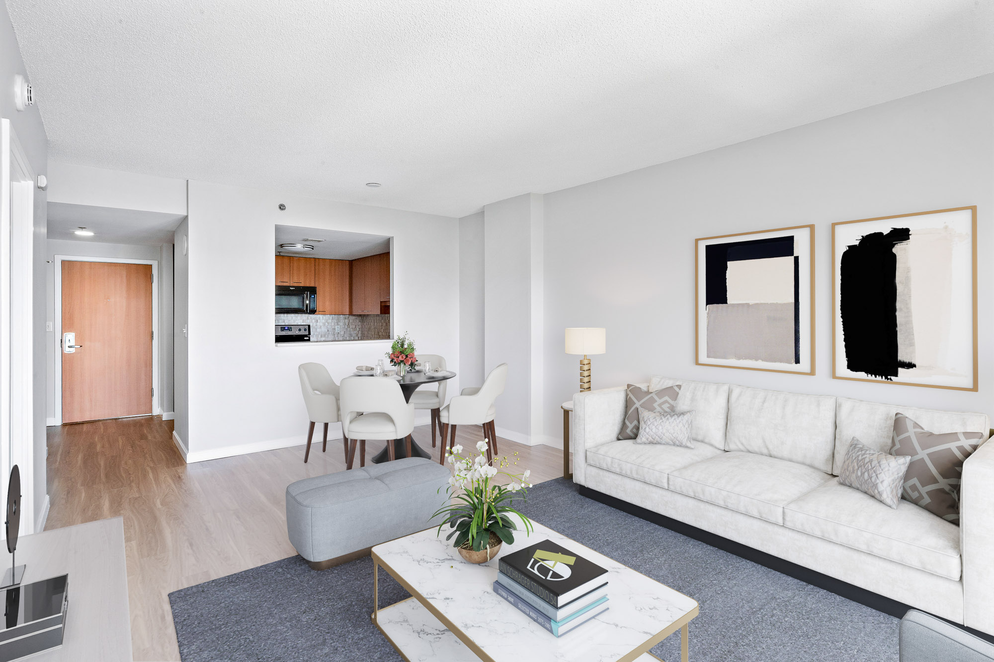 Living room at 91 Sidney apartments in University Park in Cambridge, MA