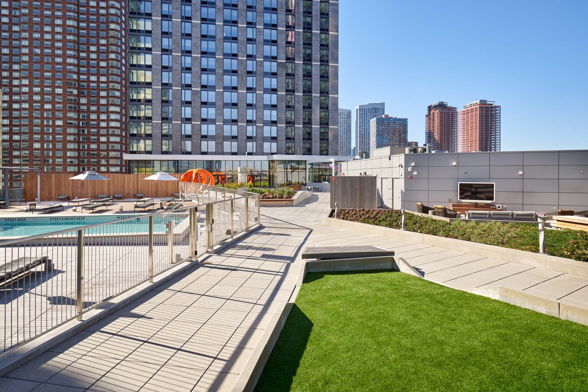 The outdoor terrace at VYV apartments in Jersey City, New Jersey.