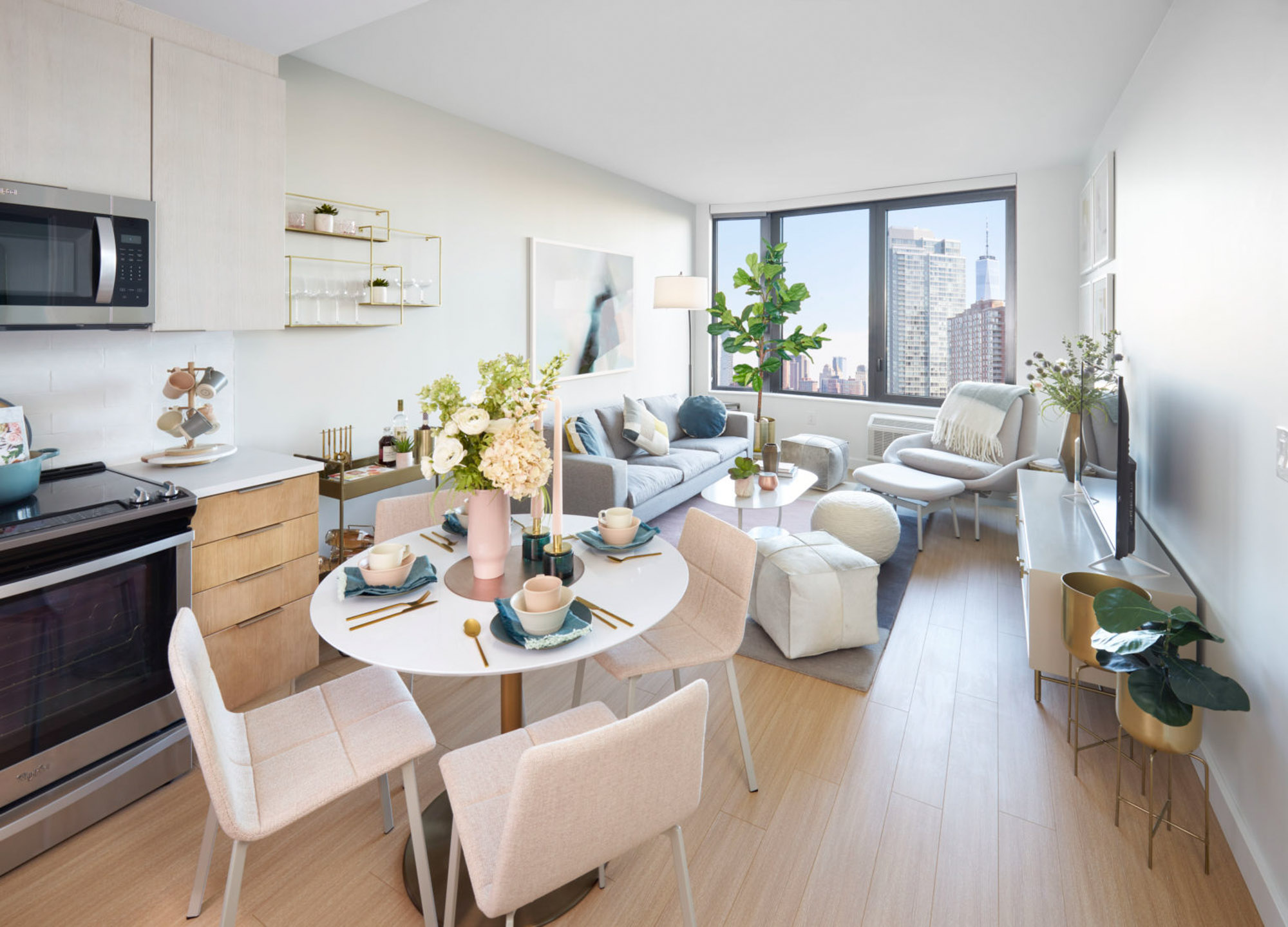 The living area in a VYV apartment in Jersey City.