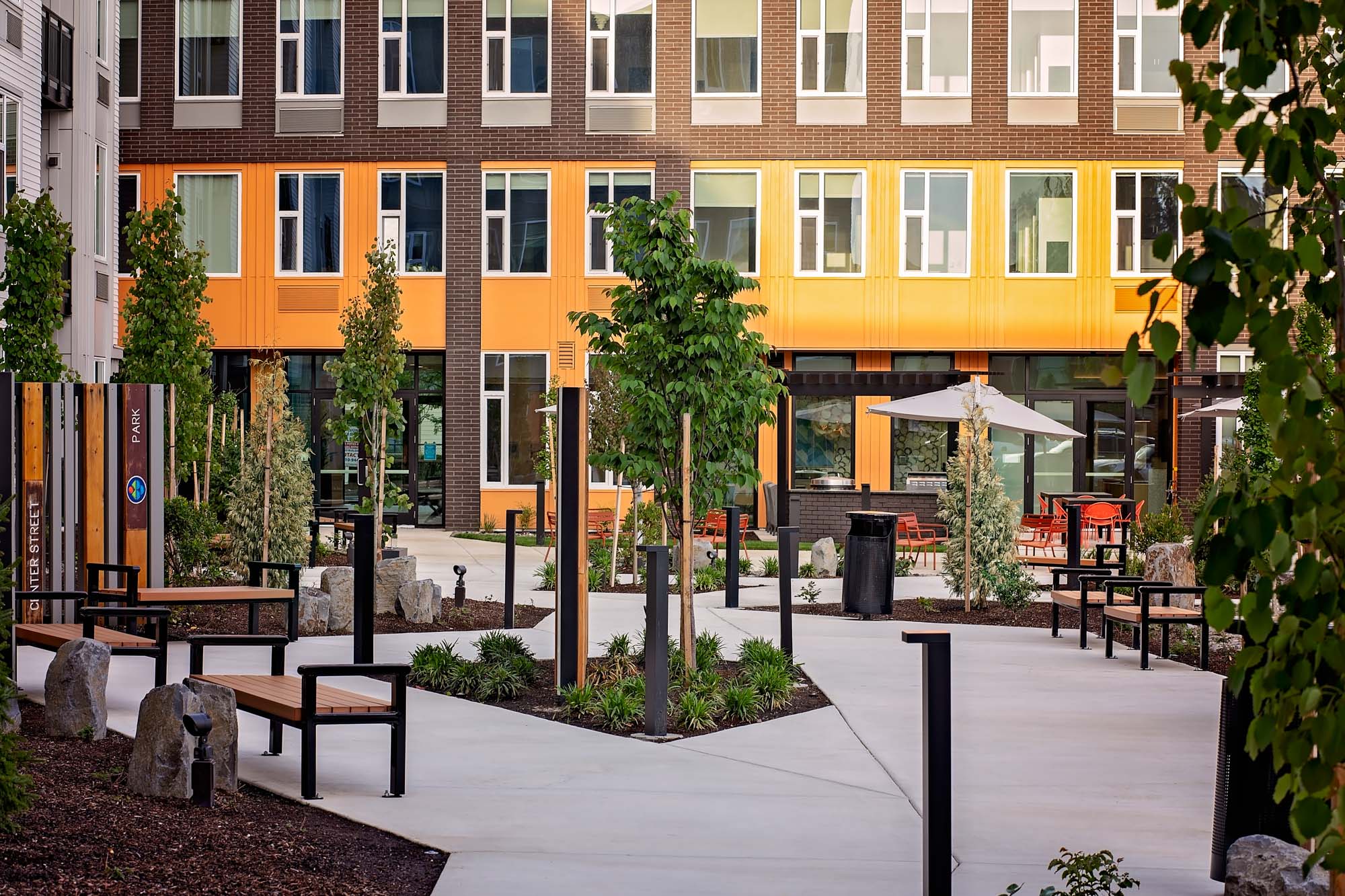 The courtyard entrance at Verso apartments in Beaverton, Oregon.