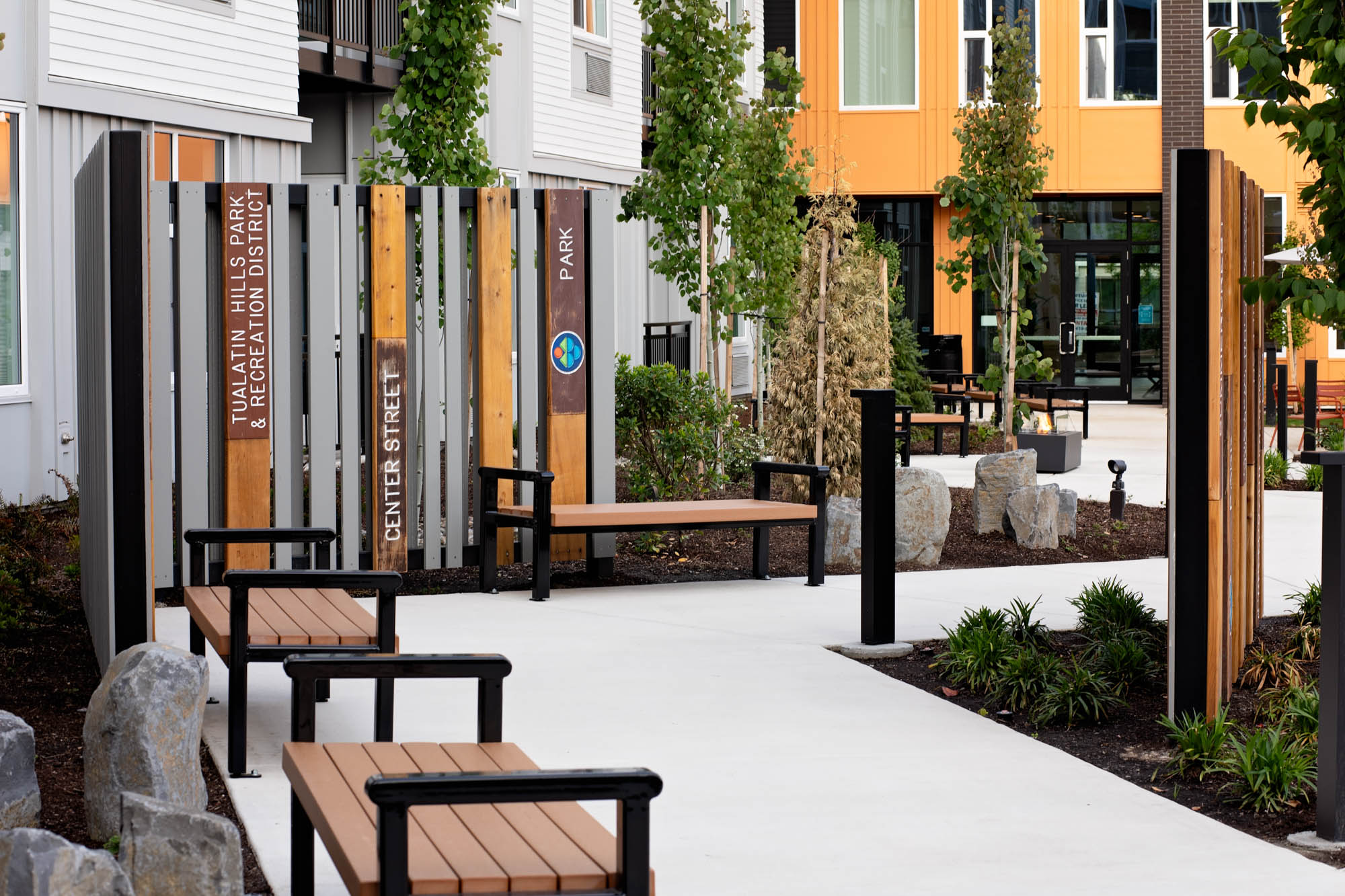 The courtyard entrance at Verso apartments in Beaverton, Oregon.