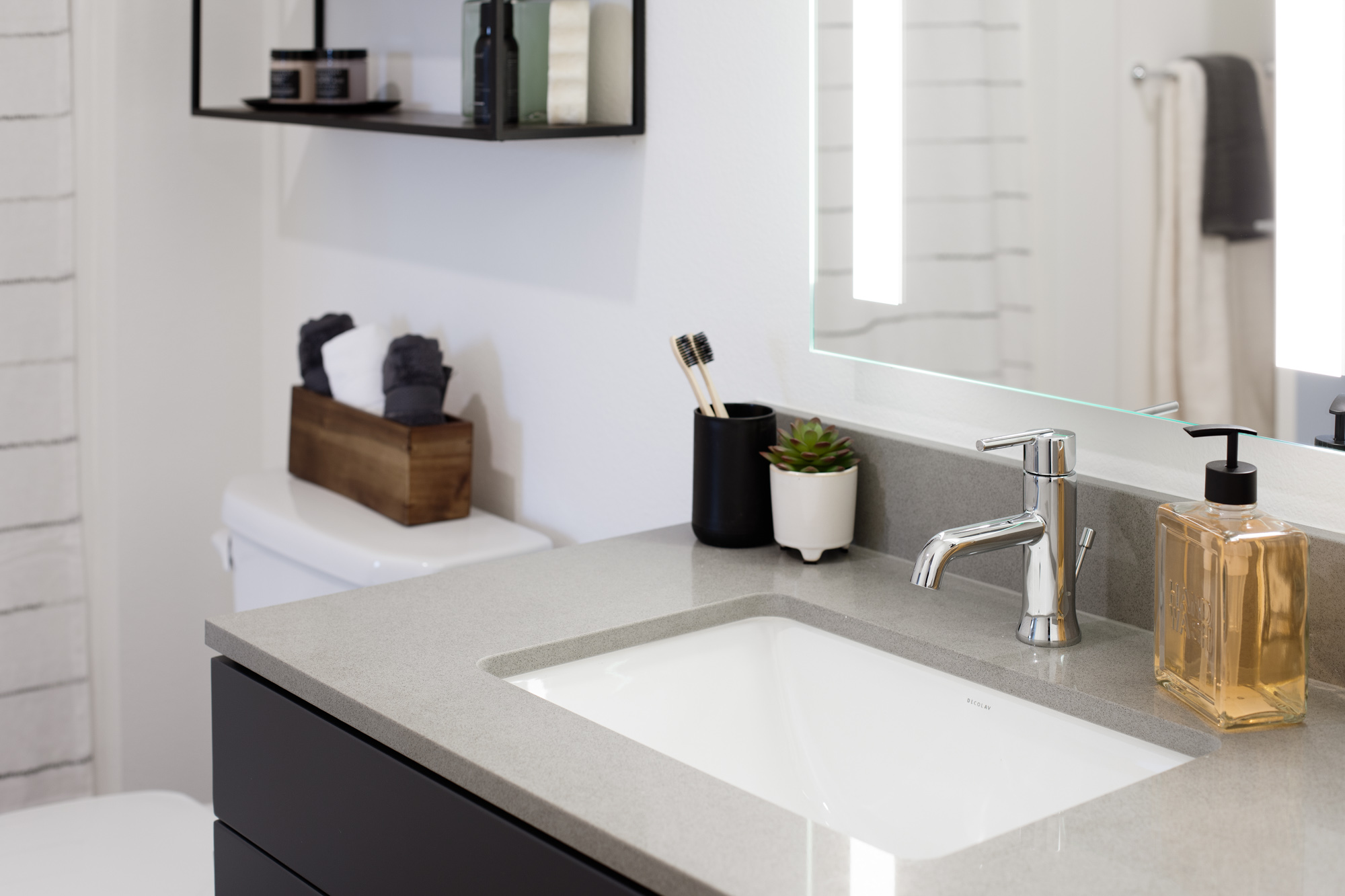 A bathroom sink in Verso apartments in Beaverton, Oregon.