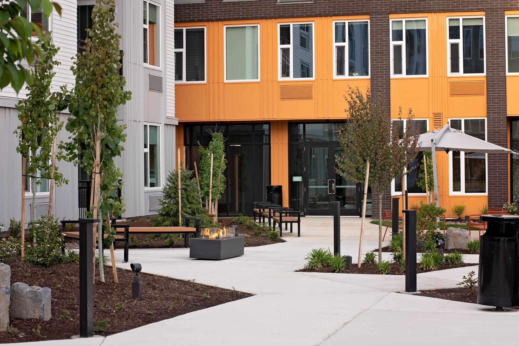 The courtyard entrance at Verso apartments in Beaverton, Oregon.