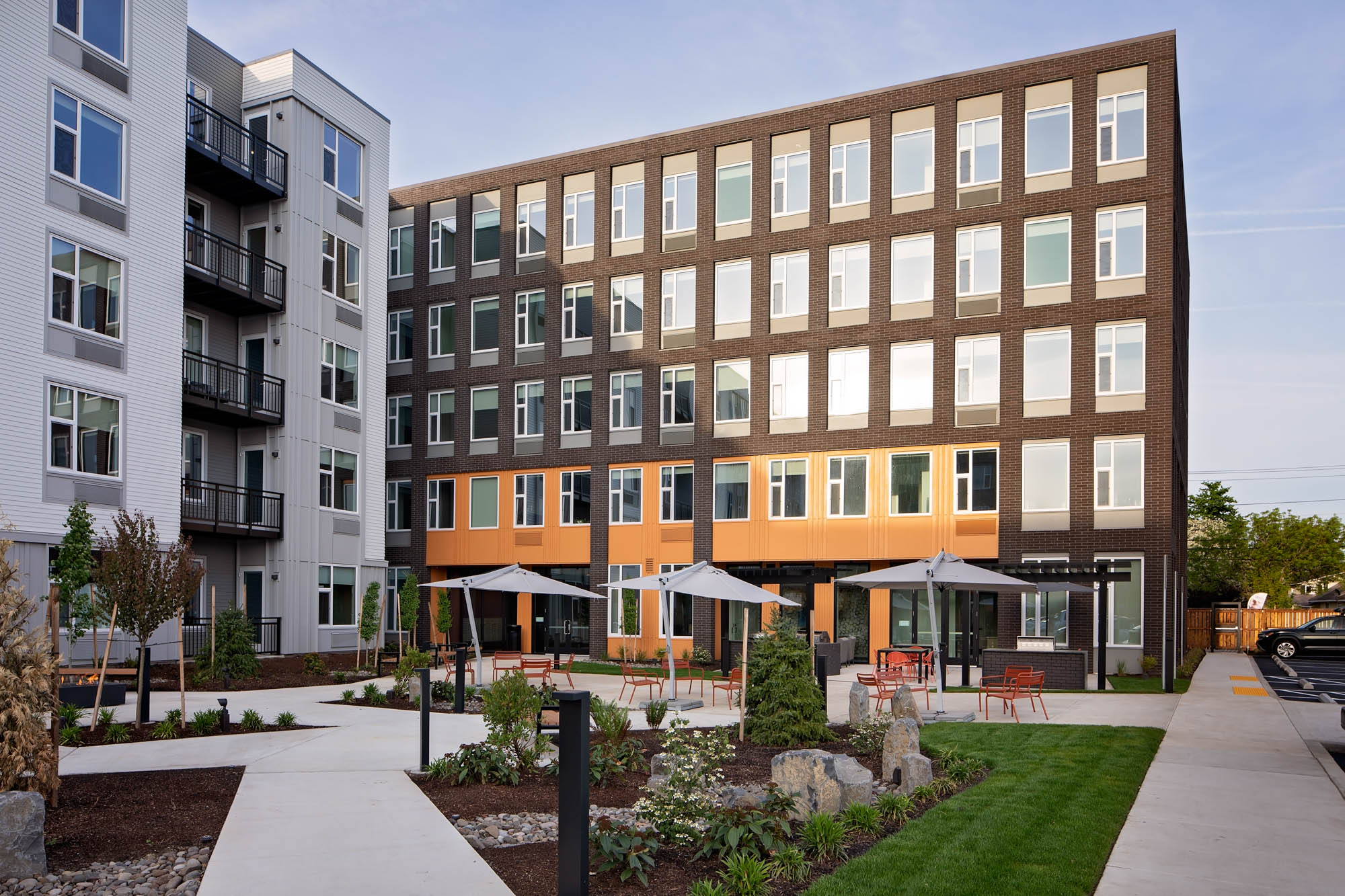 The courtyard entrance at Verso apartments in Beaverton, Oregon.