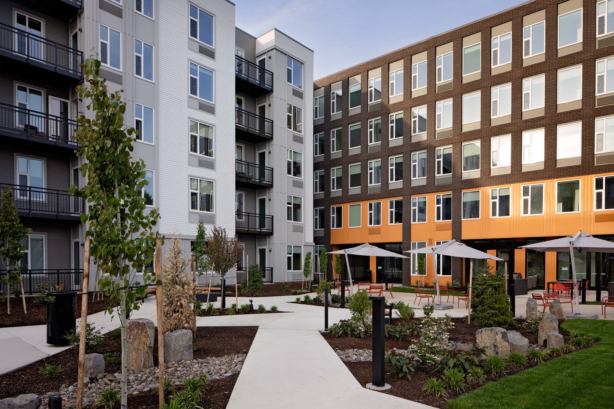 The courtyard entrance at Verso apartments in Beaverton, Oregon.