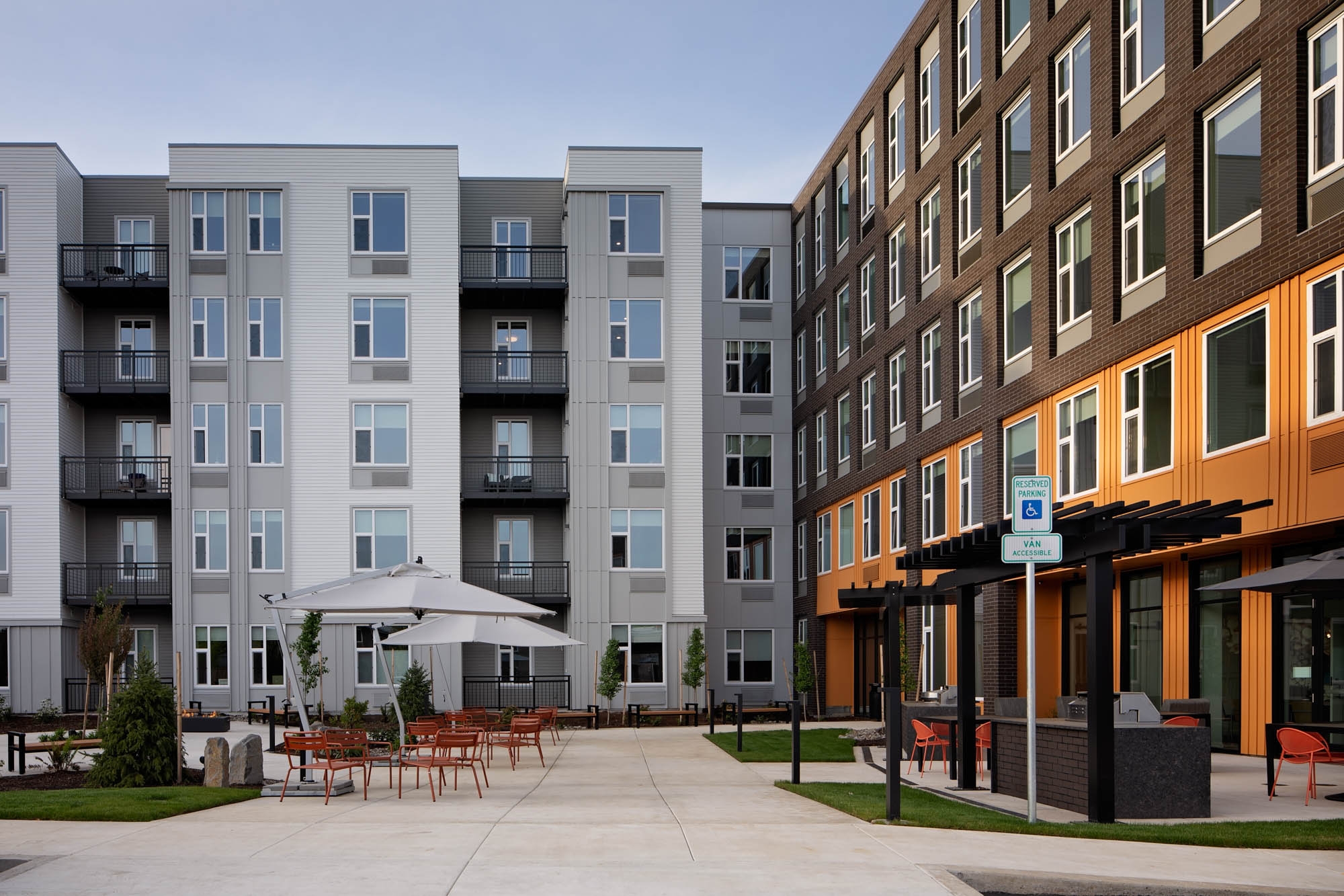 The courtyard entrance at Verso apartments in Beaverton, Oregon.