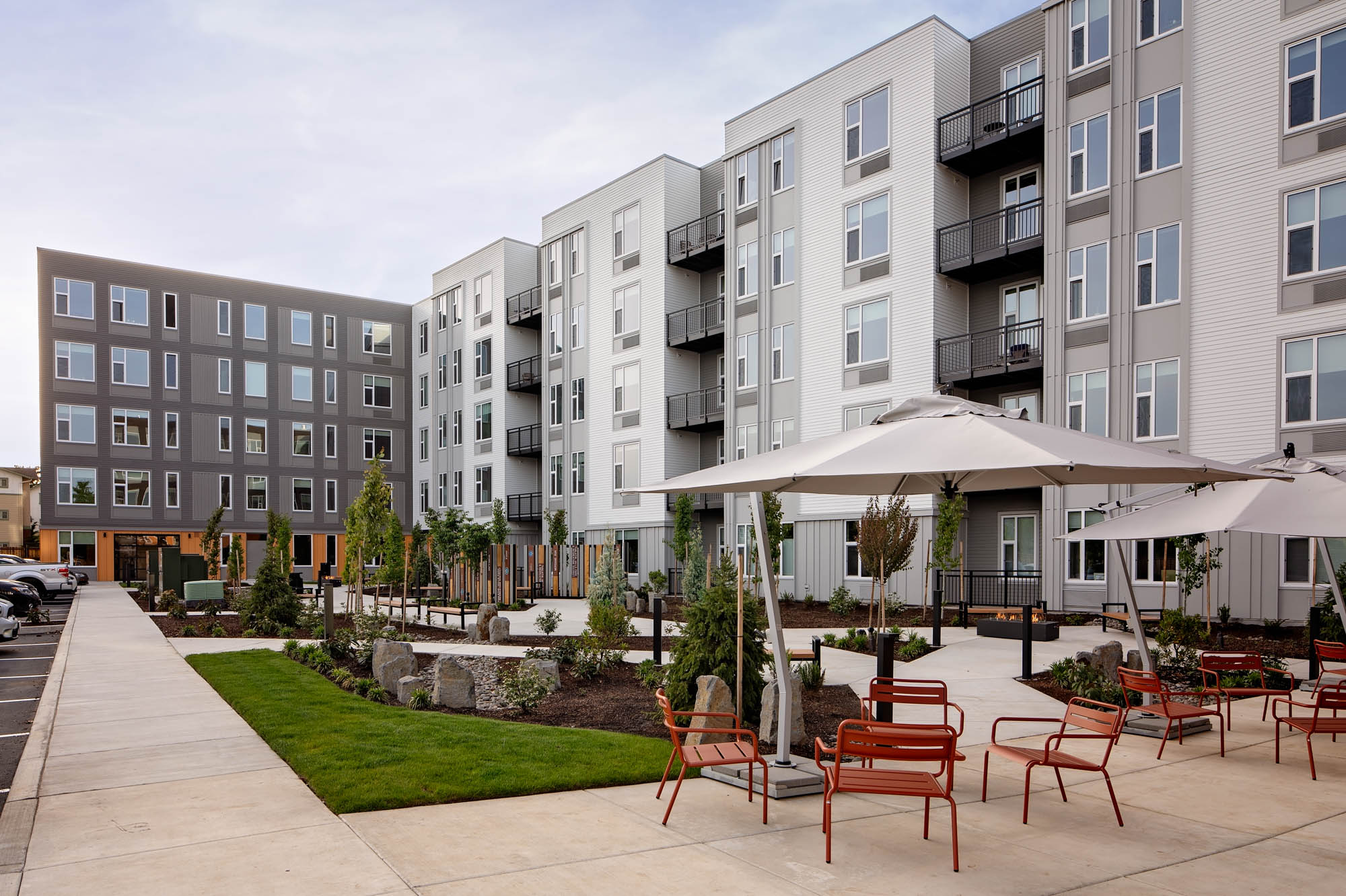 The courtyard entrance at Verso apartments in Beaverton, Oregon.