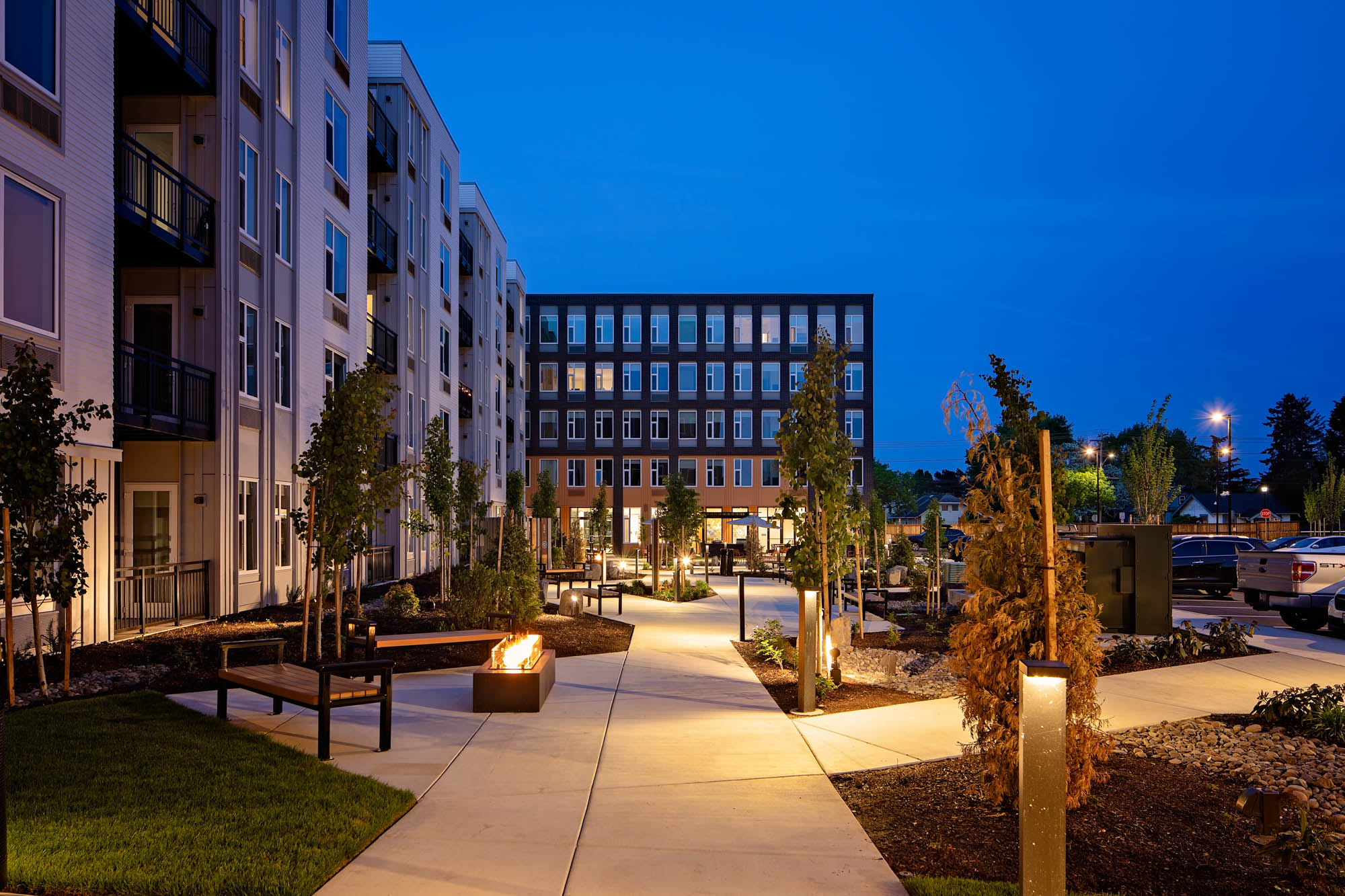 The courtyard entrance at Verso apartments in Beaverton, Oregon.