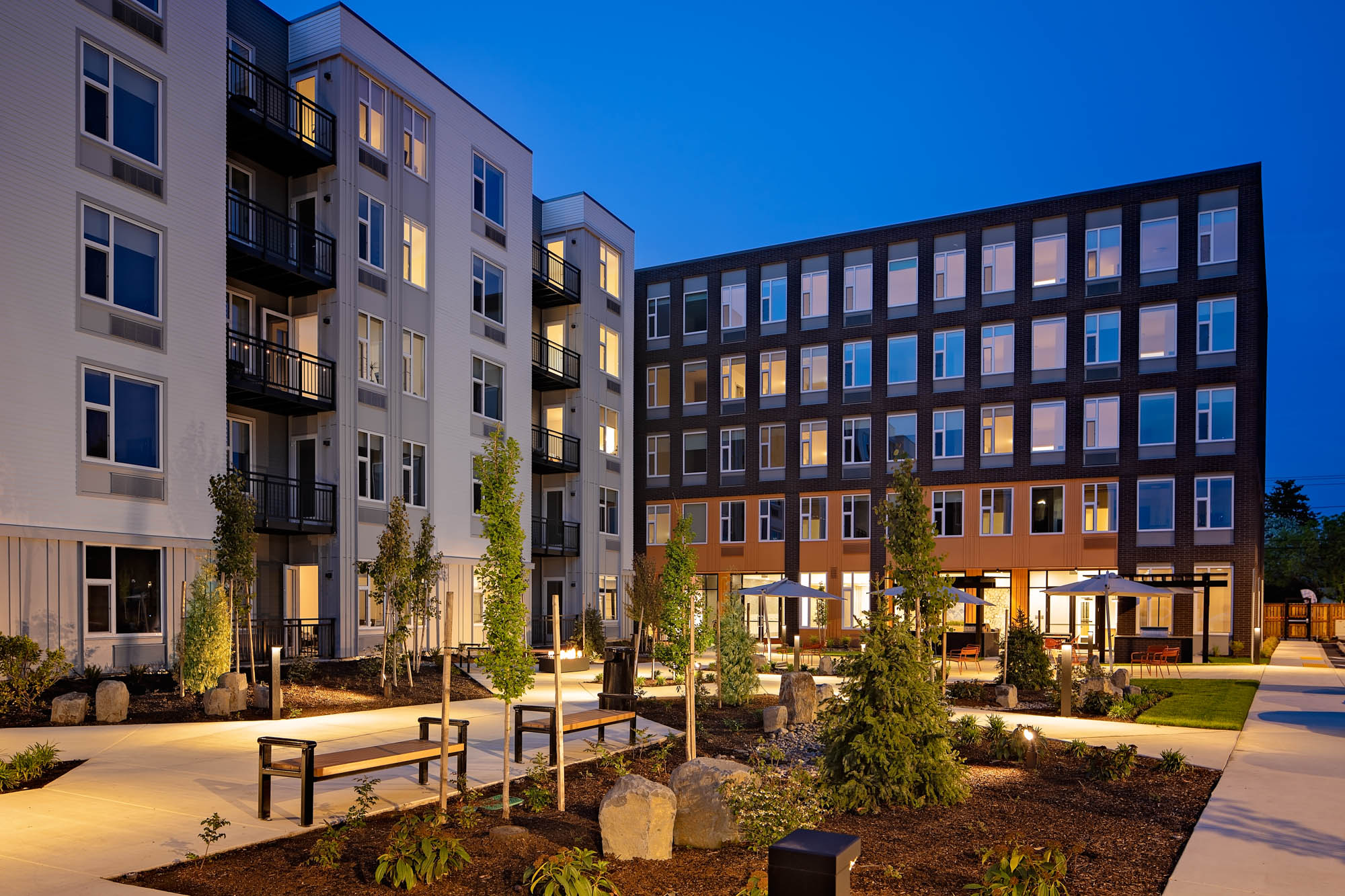 The courtyard entrance at Verso apartments in Beaverton, Oregon.