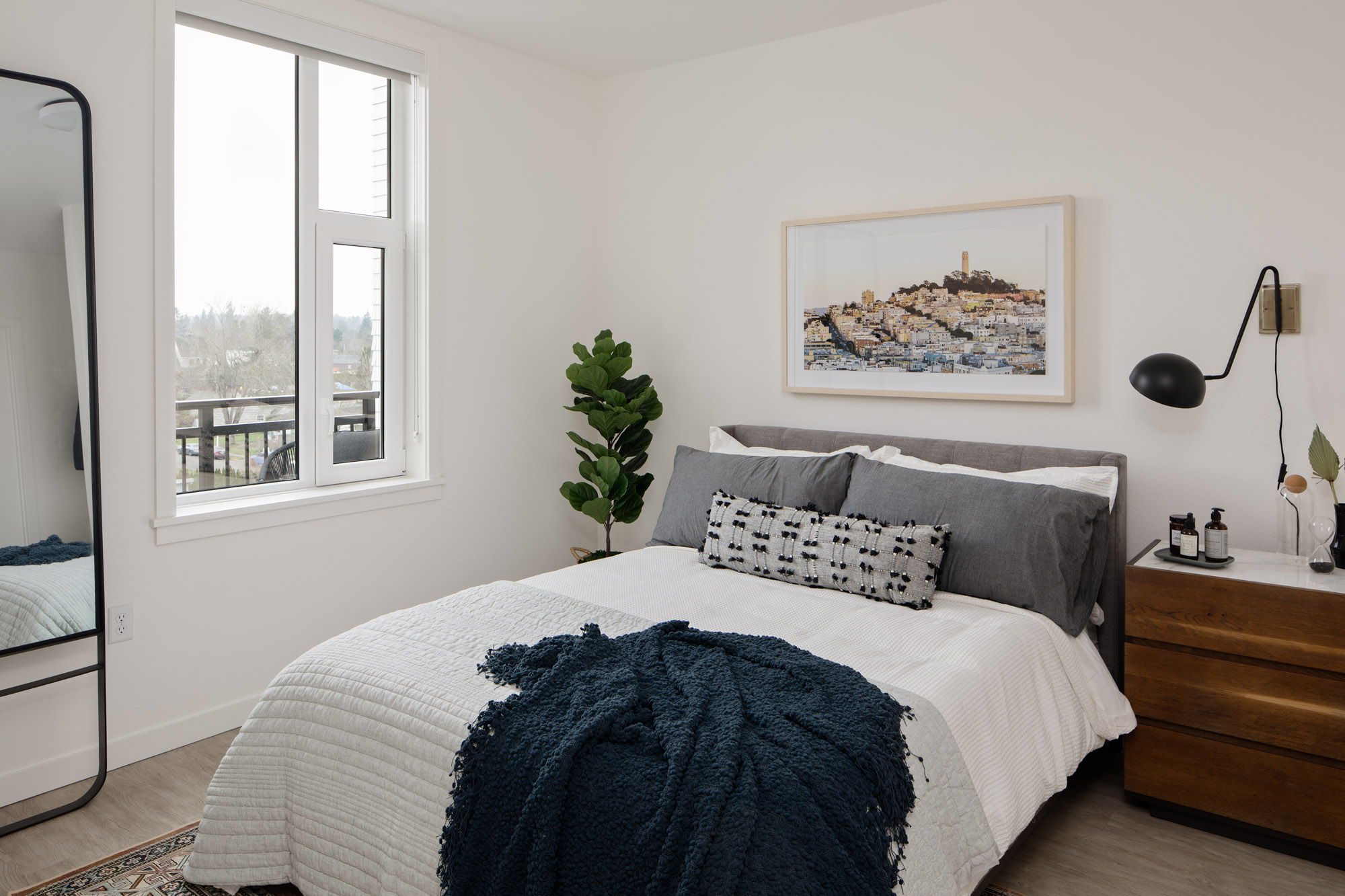 A bedroom in Verso apartments in Beaverton, Oregon.