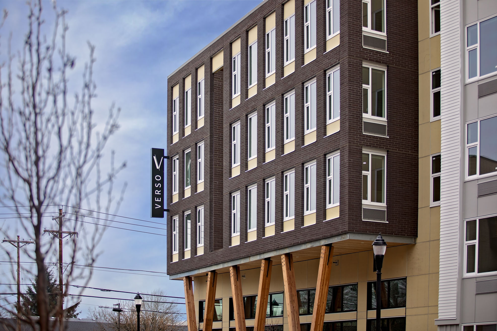 The apartment building facade at Verso apartments in Beaverton, Oregon.