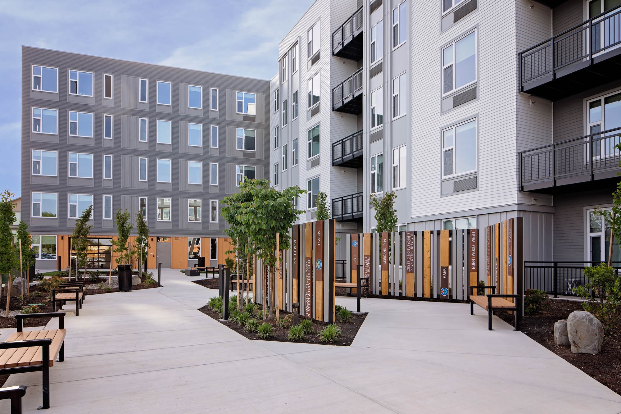 The courtyard entrance at Verso apartments in Beaverton, Oregon.