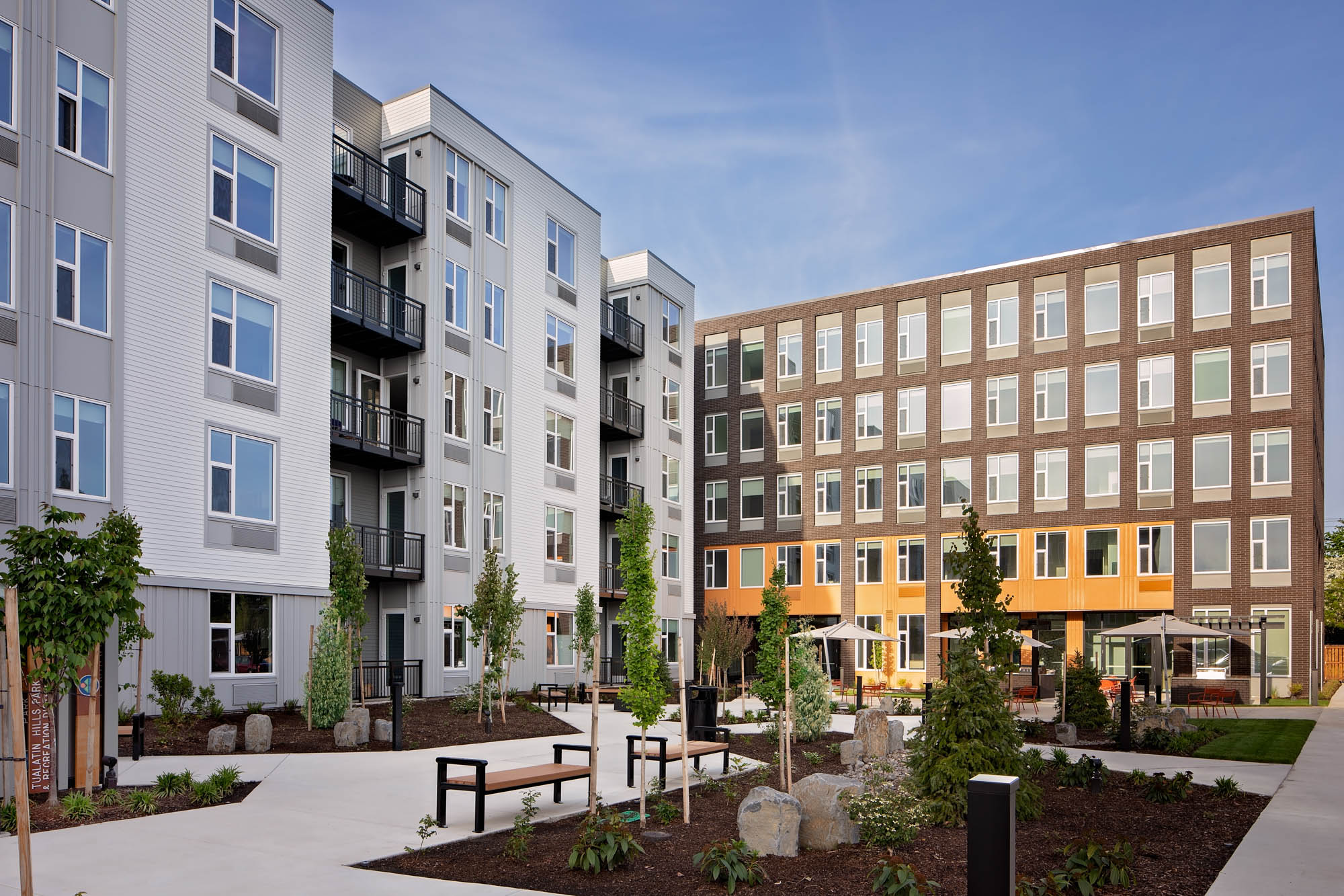 The courtyard entrance at Verso apartments in Beaverton, Oregon.