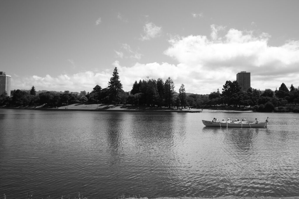 A boat is on the river in East Bay, San Francisco.