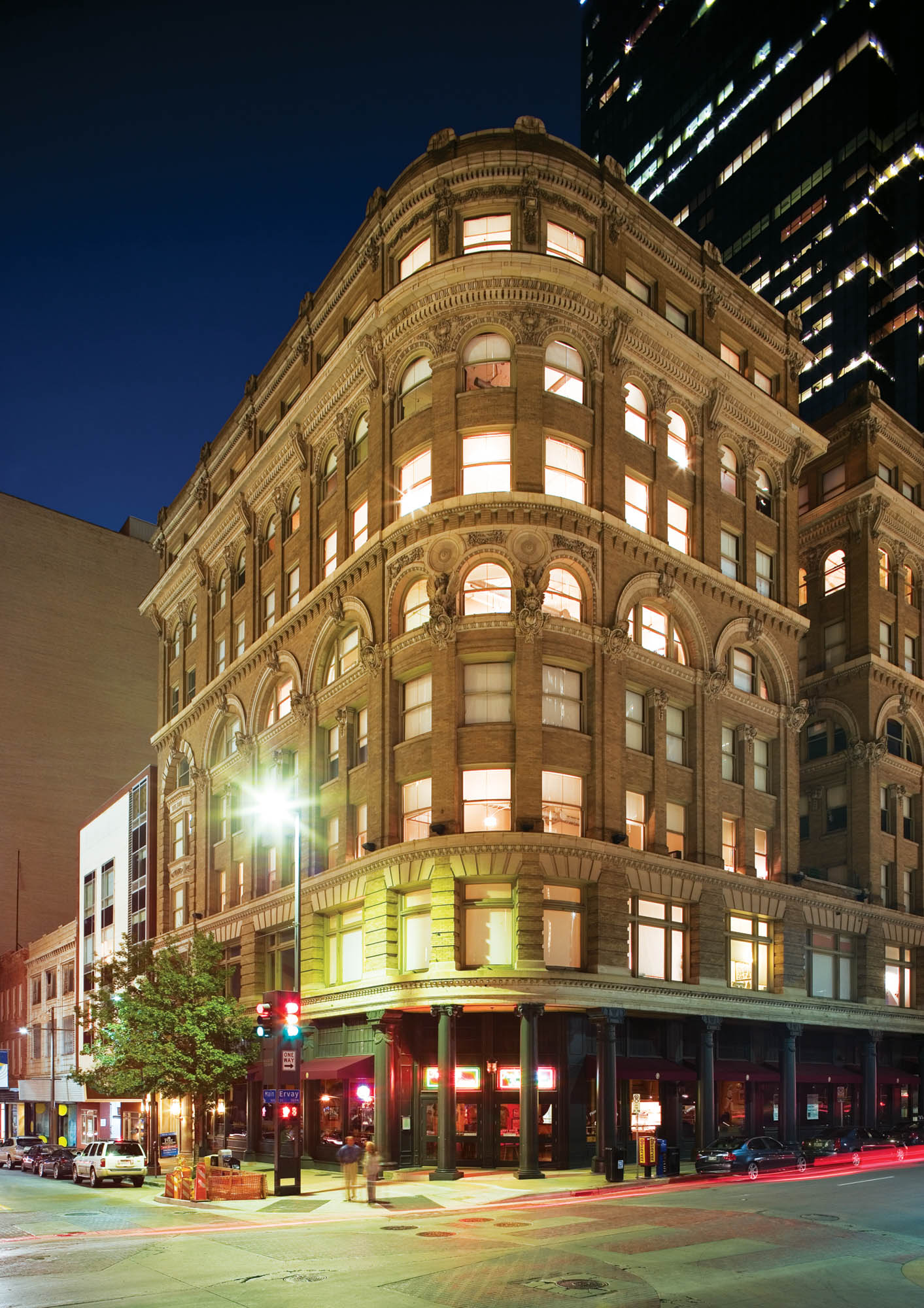 Front corner view of The Wilson apartments in Mercantile Place in Dallas, TX