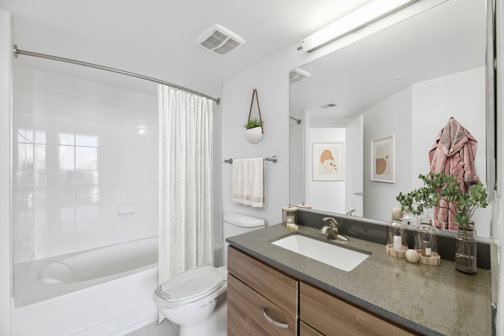 A bathroom area at 8421 Broad apartments in McLean, Virginia.