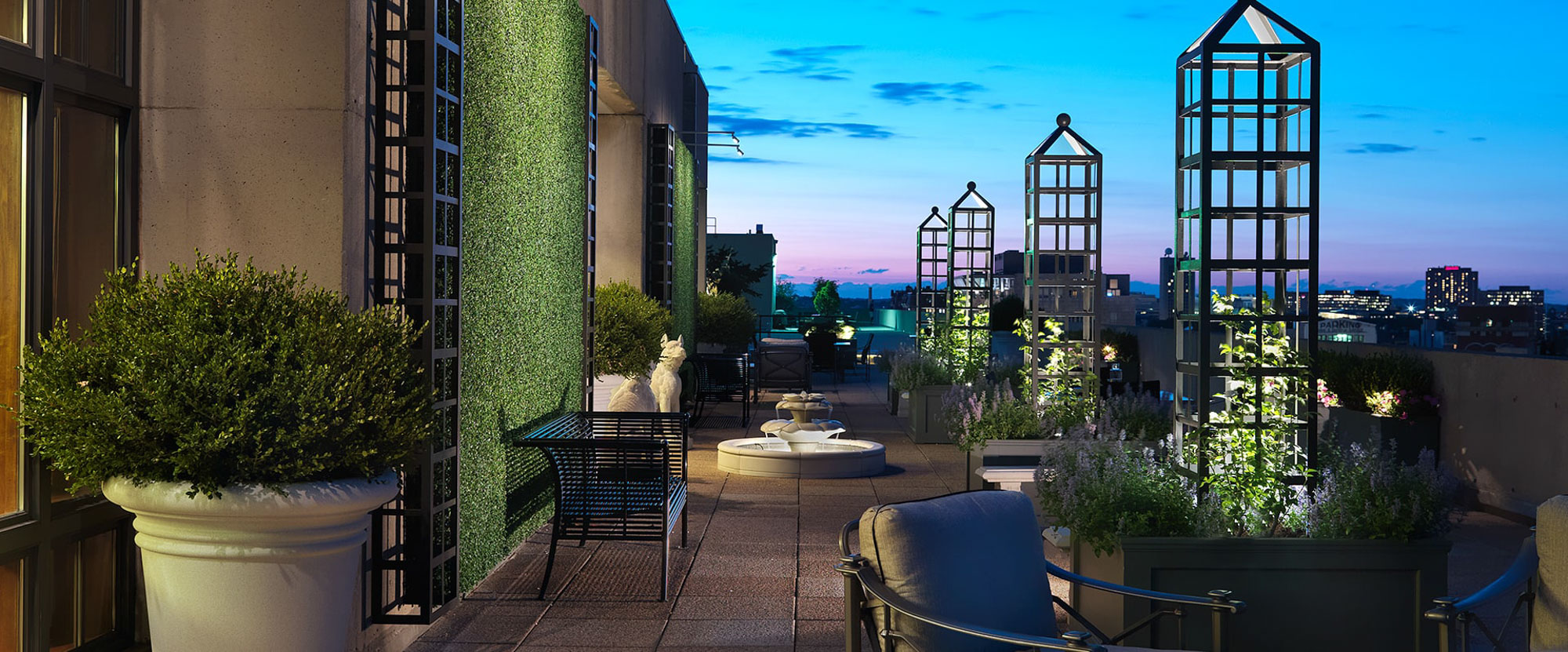 The outdoor terrace at Church Park apartments in Boston, Massachusetts.