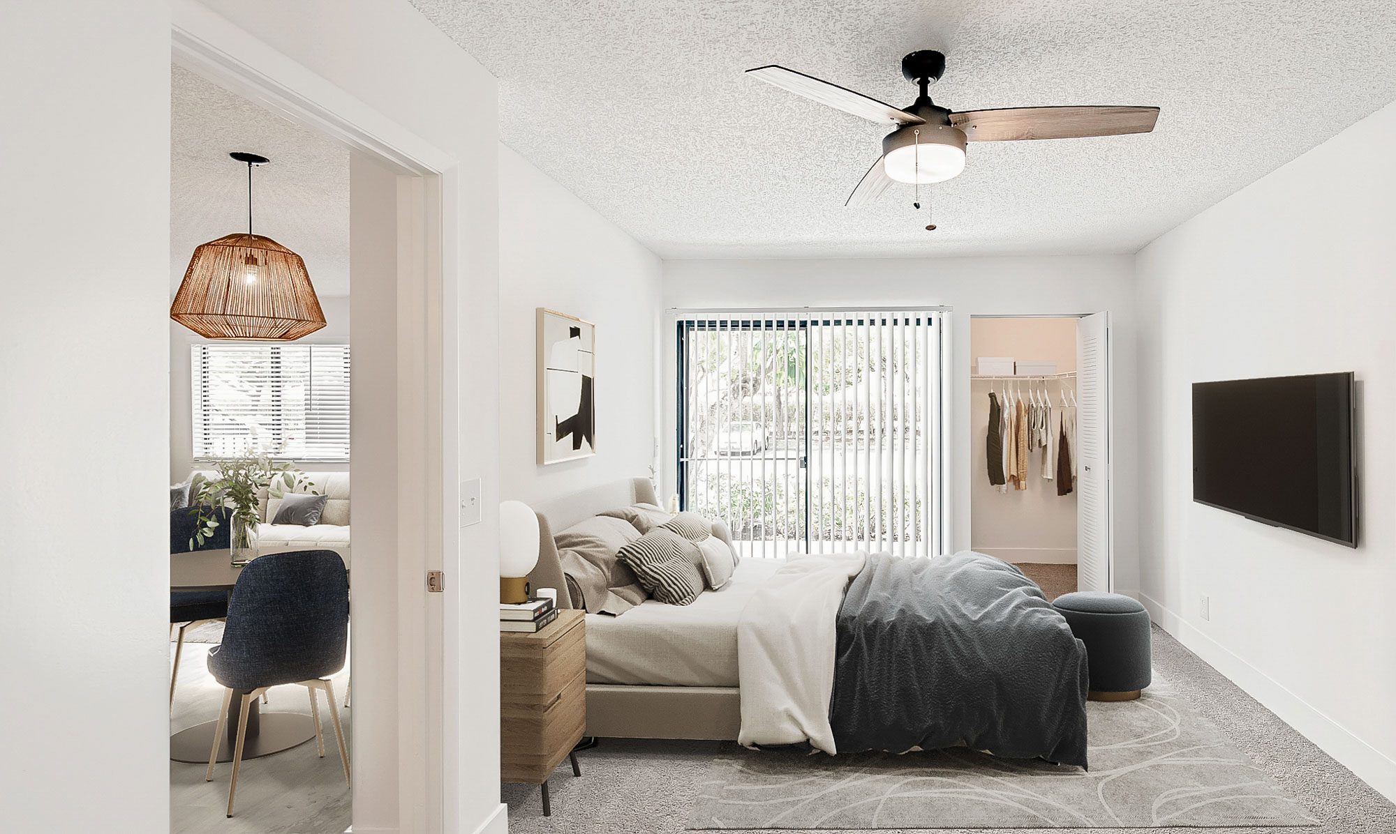 The interior of a bedroom at The Reserve at Ashely Lake apartments.