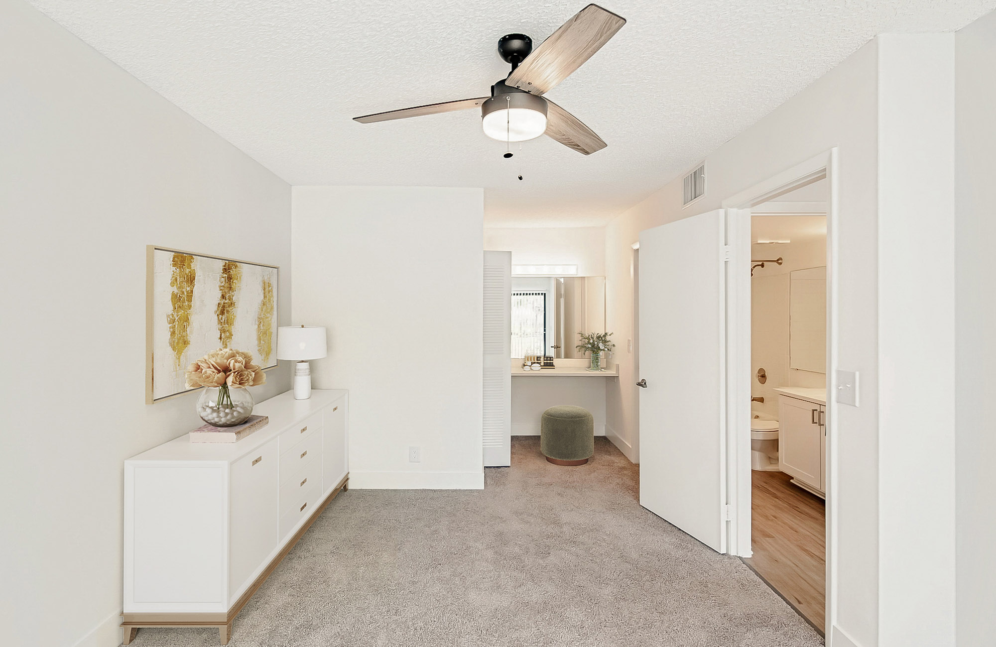 The interior of a bedroom at The Reserve at Ashely Lake apartments.