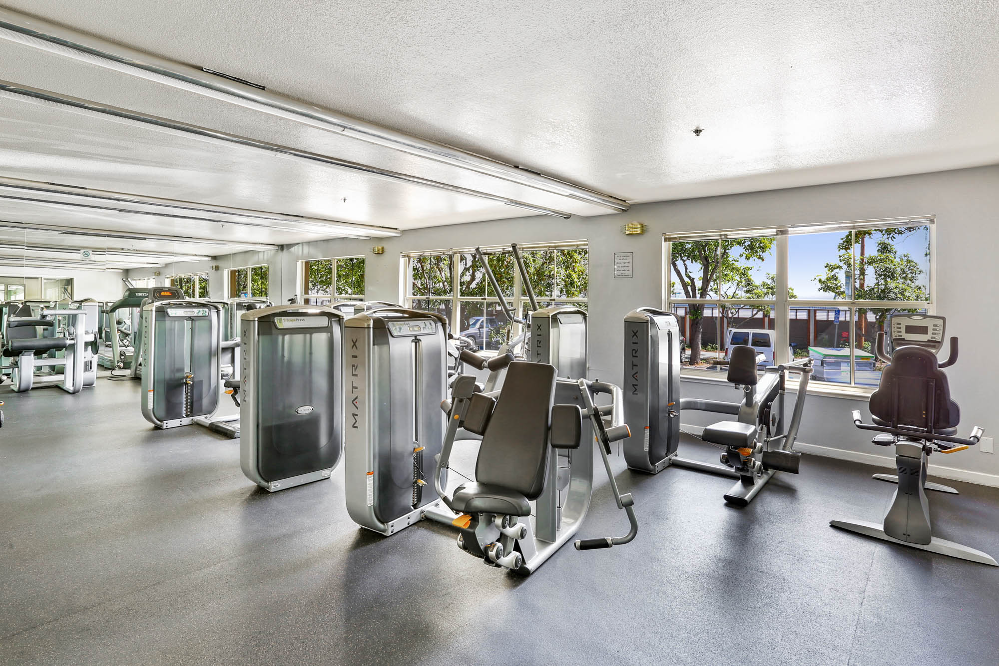 Several cable machines in a fitness center with several windows at Bayside Villages modern apartments in San Francisco