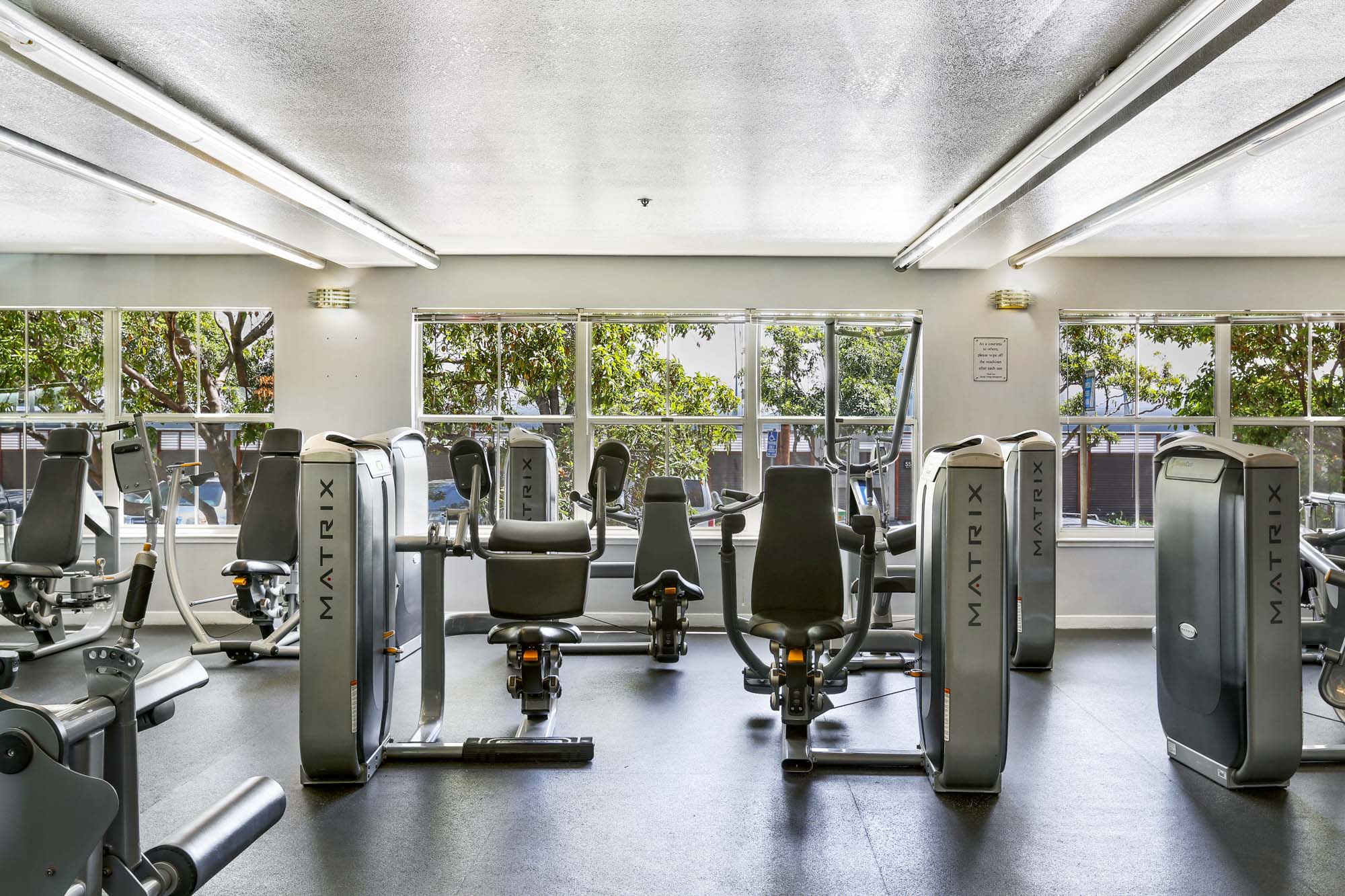 Several cable machines in a fitness center with several windows at Bayside Villages modern apartments in San Francisco