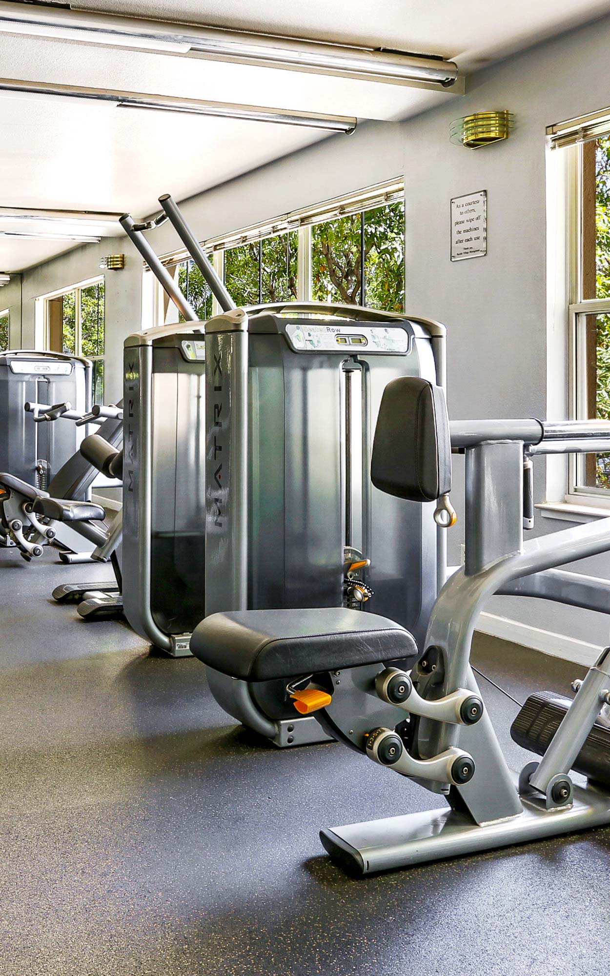 A row of cable machines at the Bayside Village modern apartments in San Francisco