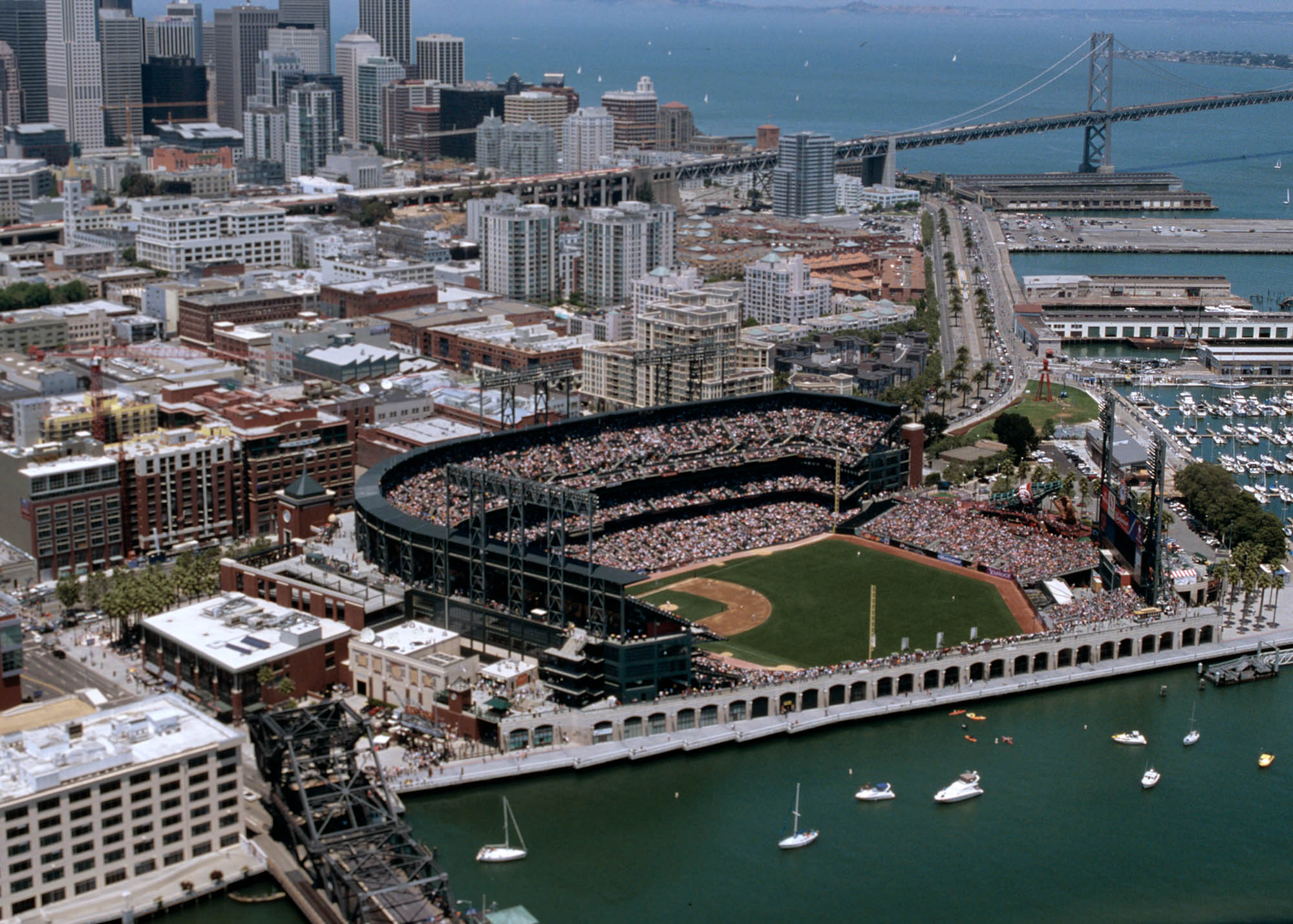 An aerial view of the AT&T Park and the waterfront in downtown San Francisco