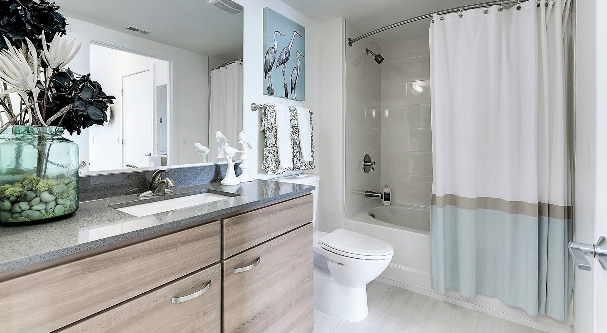 A bathroom area at 8421 Broad apartments in McLean, Virginia.