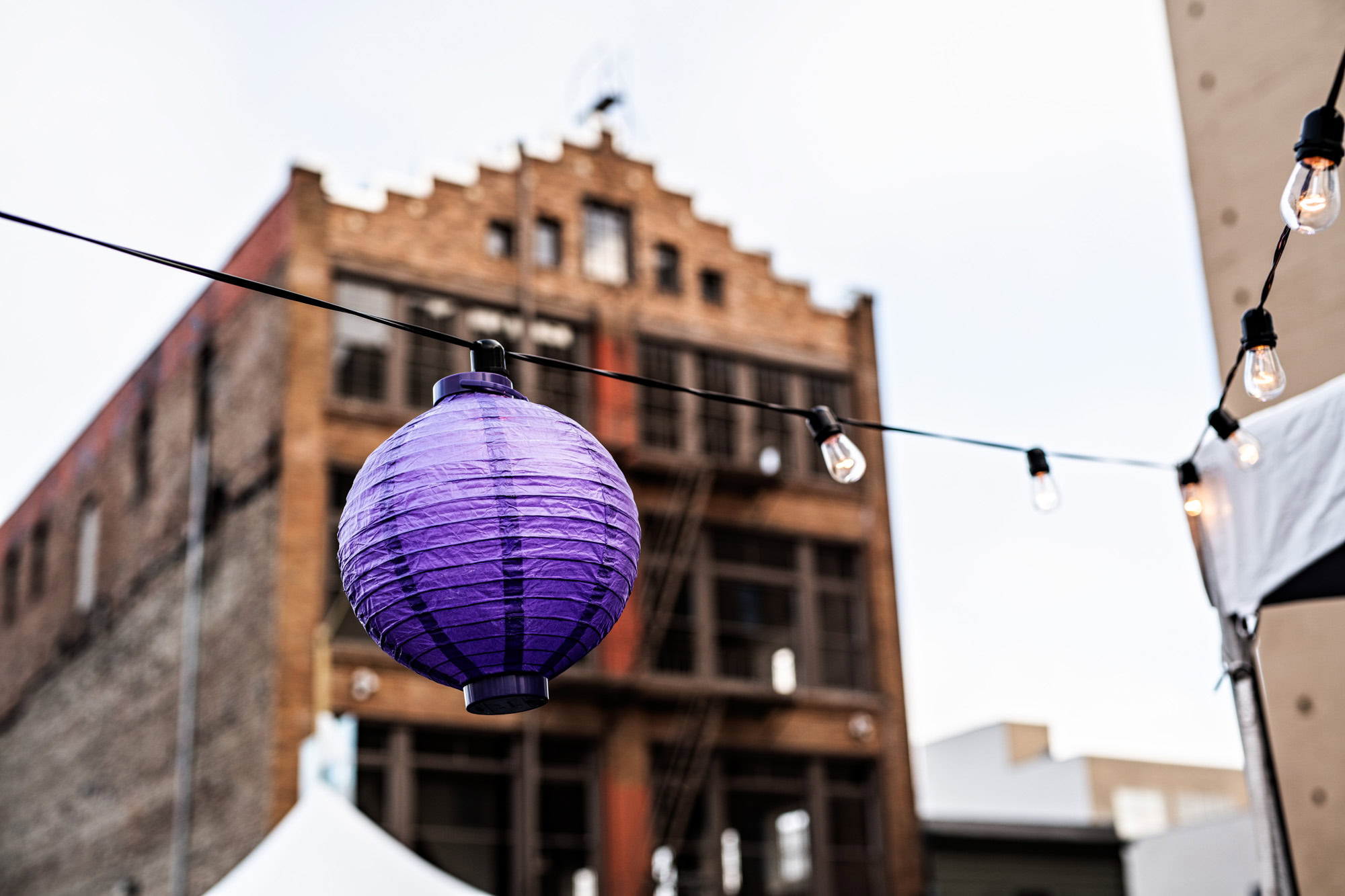 A purple lantern hanging up in the neighborhood near the George apartments in San Francisco