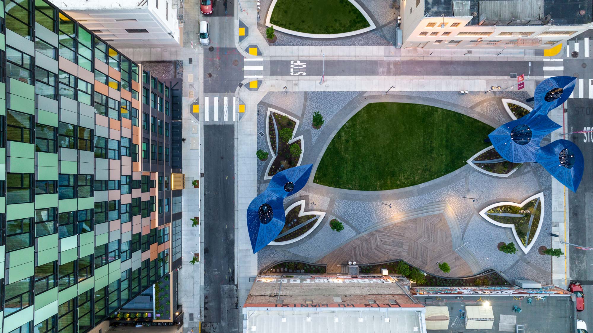 An aerial view of a park near the George apartments in San Francisco