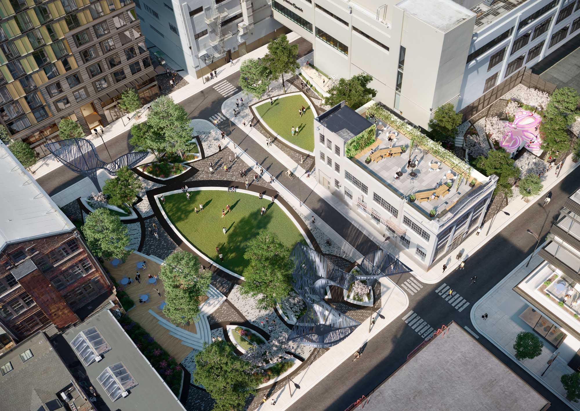 An aerial view of a park near the George apartments in downtown San Francisco